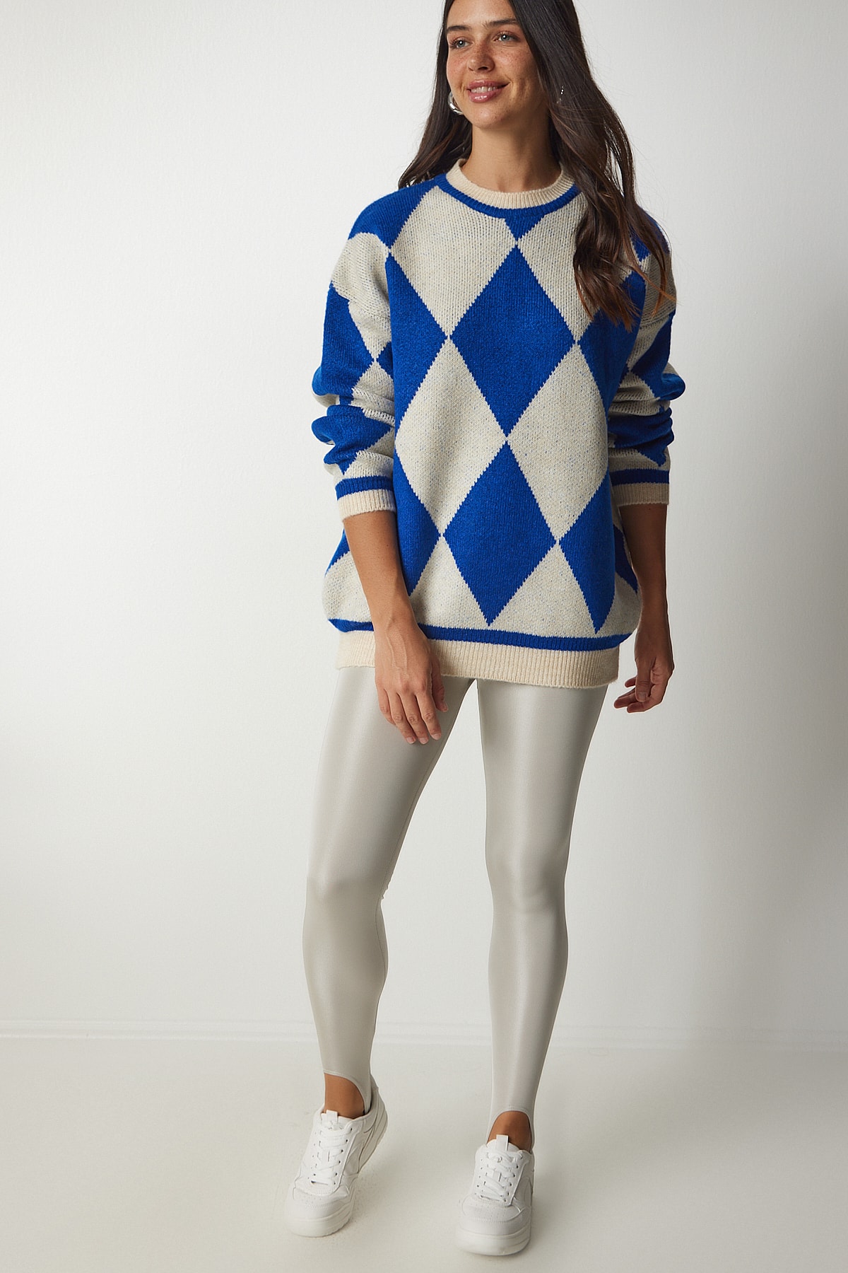 Happiness İstanbul Woman's Blue Baklava Patterned Oversize Knit Sweater YY00161