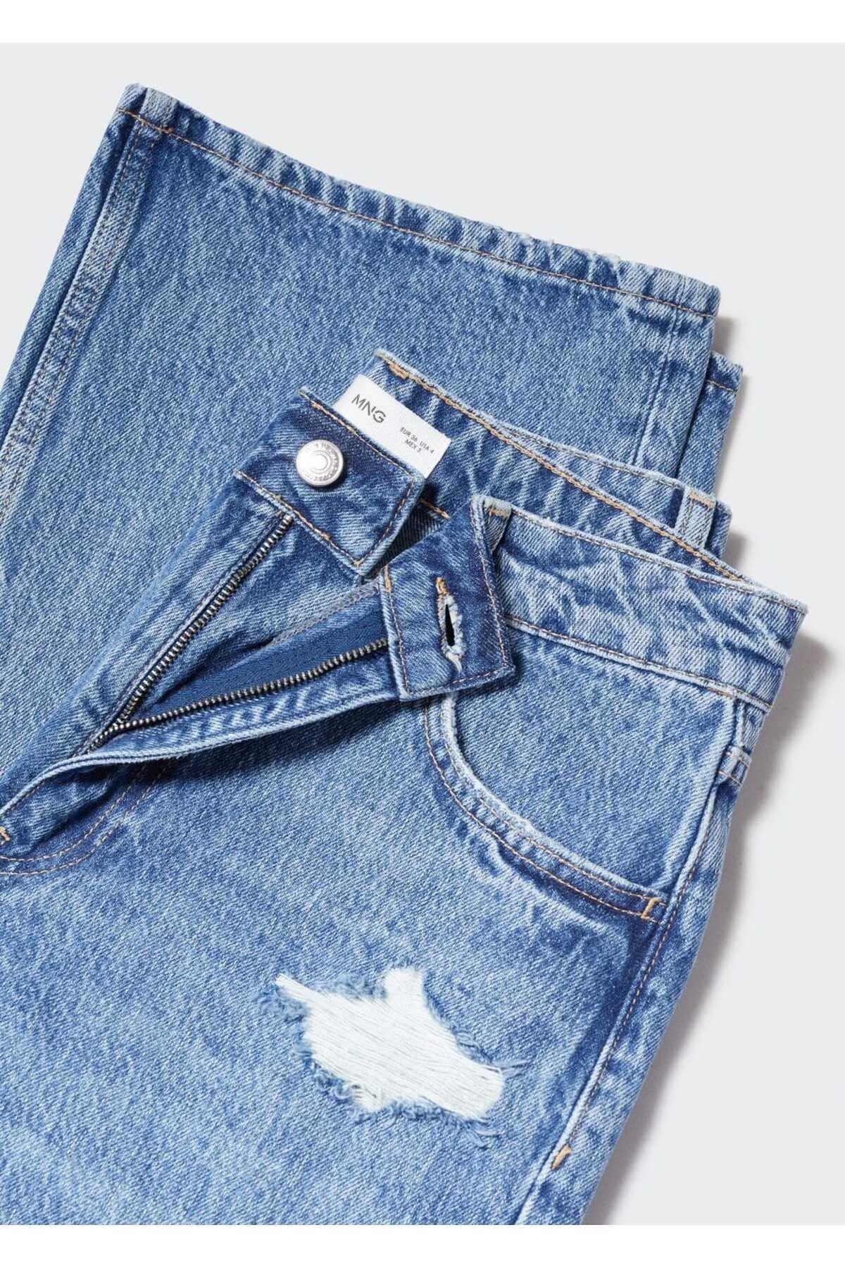 Yırtık Detaylı Yüksek Belli Düz Kesim Jean