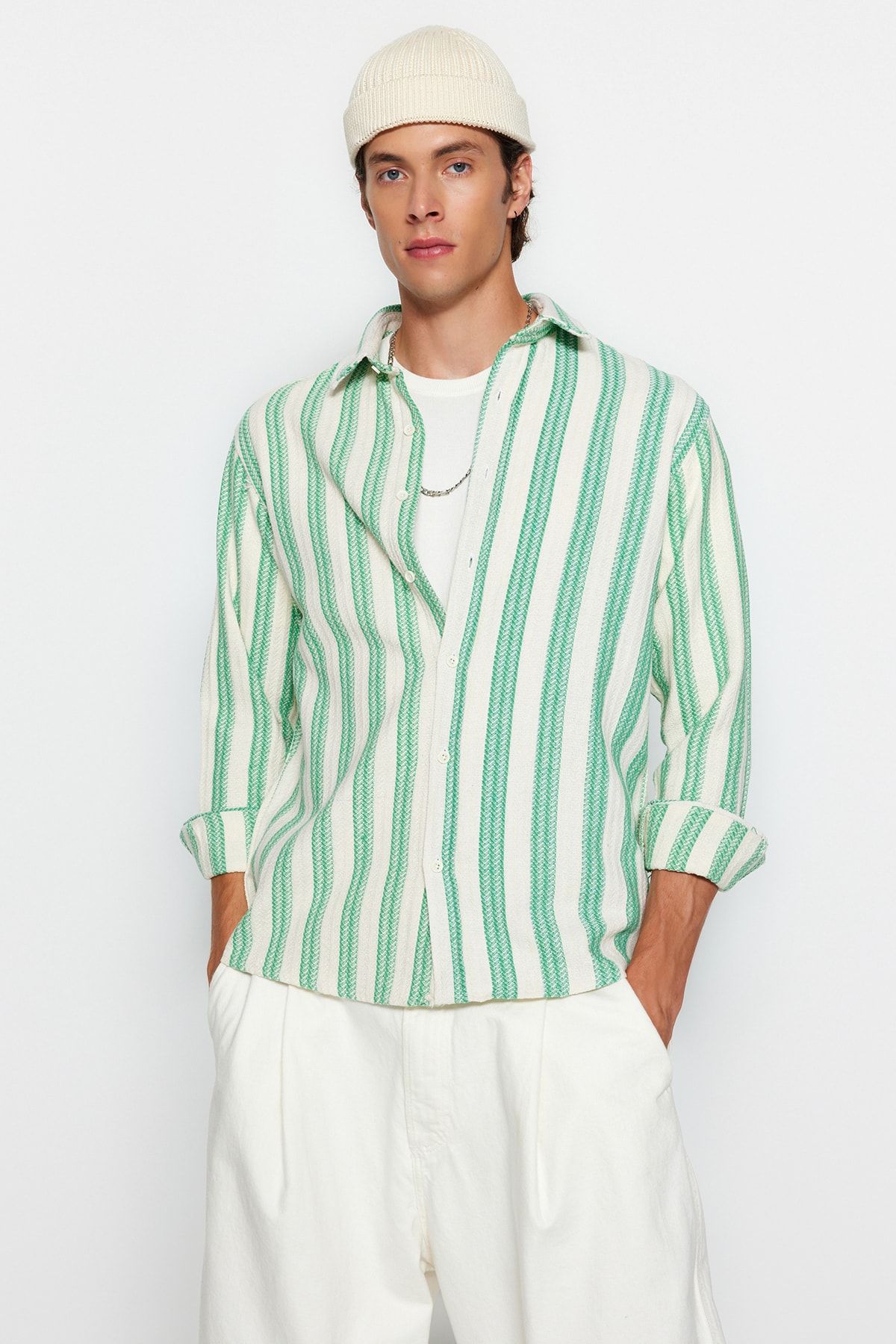 Trendyol Collection White Green Men s Relax Fit Striped Shirt