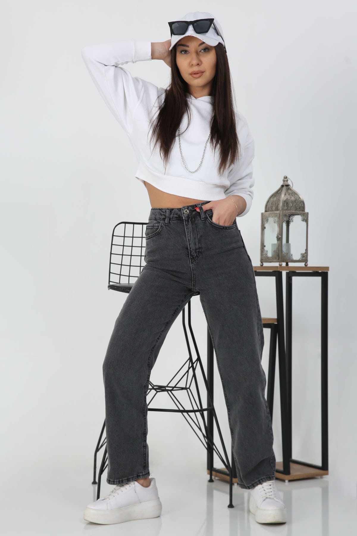 Adel Women Smoked Palazzo Jeans Loose Fit Anthracite Lycra Jeans salasjean