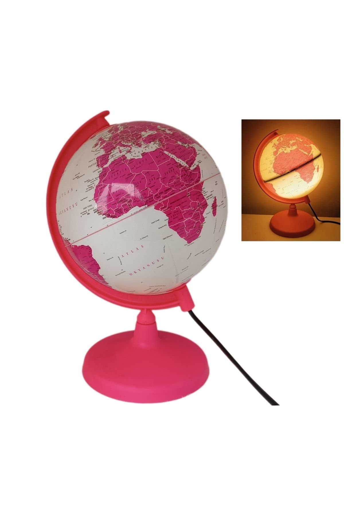 Eğitici Işıklı Pembe Küre / Dünya Küresi 20 Cm Eğitici Harita Kız Çocuk Gece Lambası