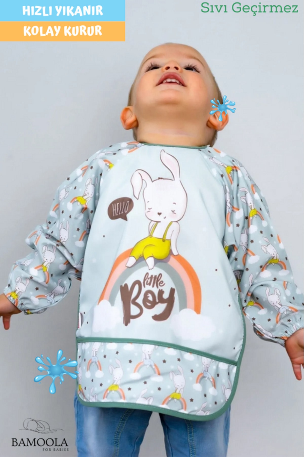 Tavşan Desenli Uzun Kollu Bebek Mama Önlüğü