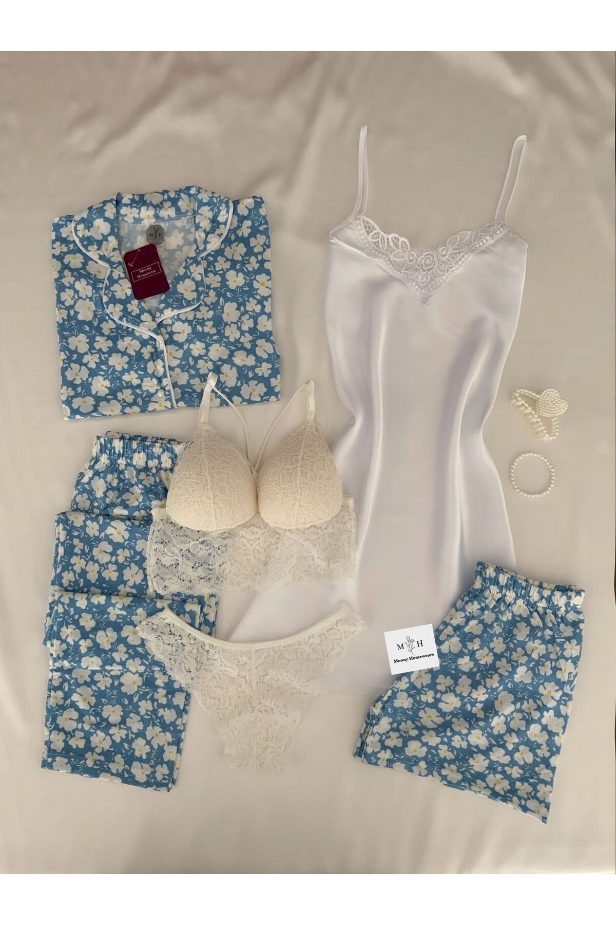 MH Moony Homewears Denizdeki Papatyalar Penye Pijama Saten Gecelik Iç Giyim Çeyiz Seti