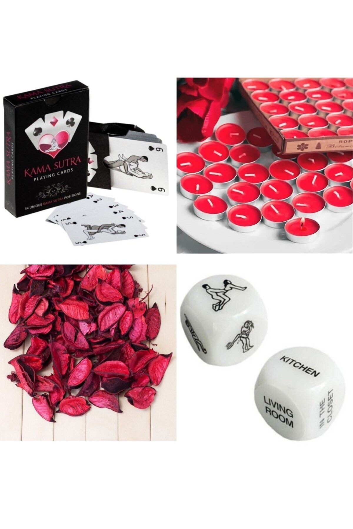 Deco Elit Kamasutra Gece Yarısı Seti Kart Sex Zarı 1000 Kuru Gül Yaprağı 25 Adet Tealight Mum 