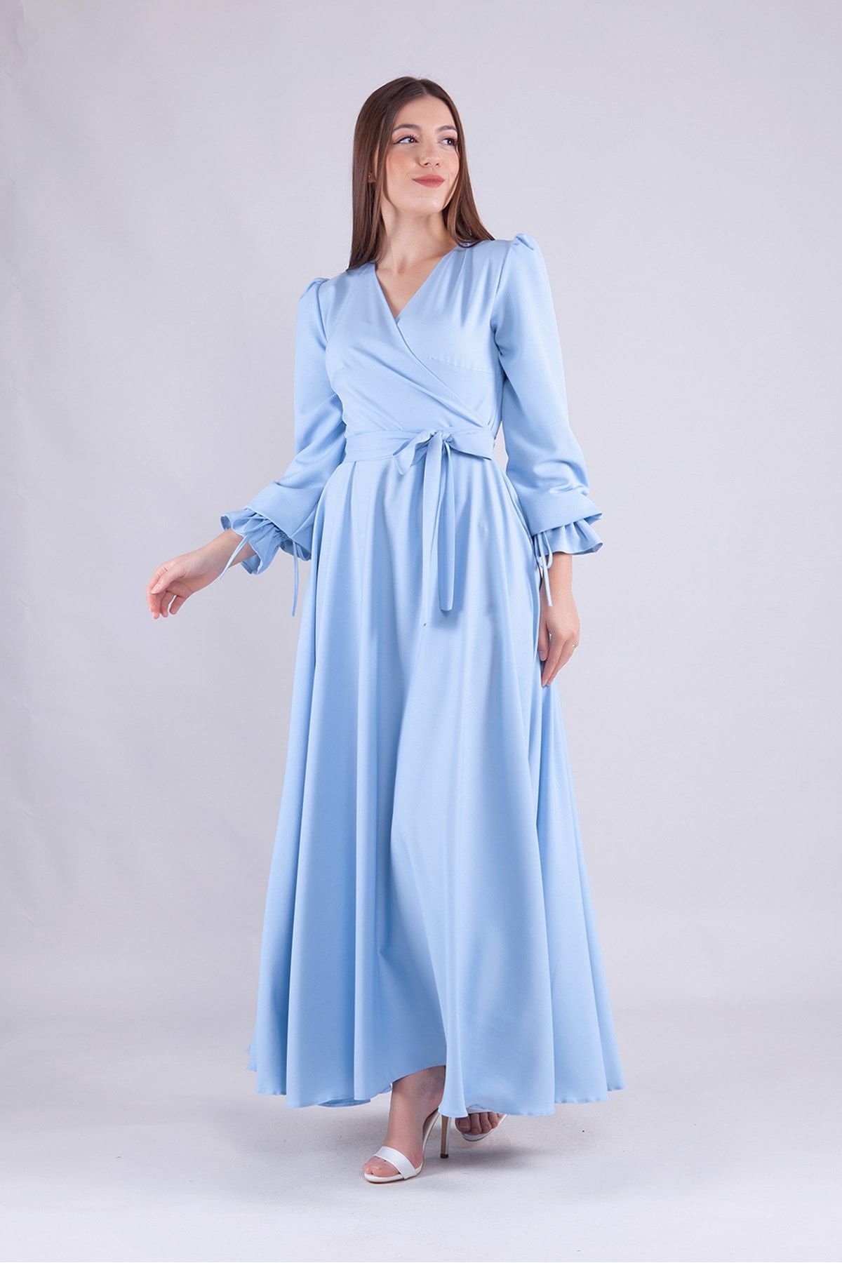 modastation Double Breasted Collar Long Sleeve Maxi Size Baby Blue Dress Trendyol