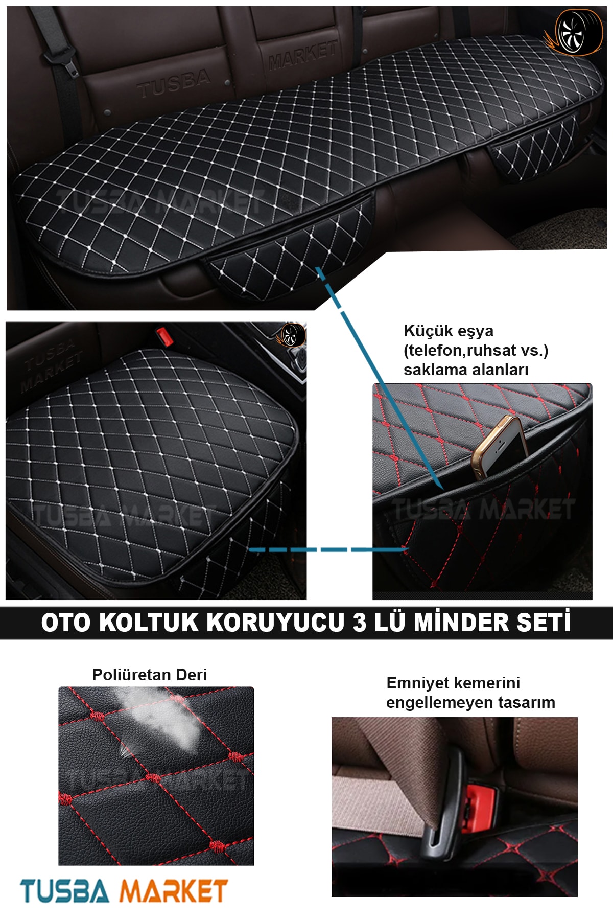 TUSBA MARKET Araba Otomobil Koltuk Koruyucu Cepli Üçlü Minder Seti / Lüks Kapitone Deri Ön-Arka Oto Koltuk Minder fotoğrafı 2 (önizleme)