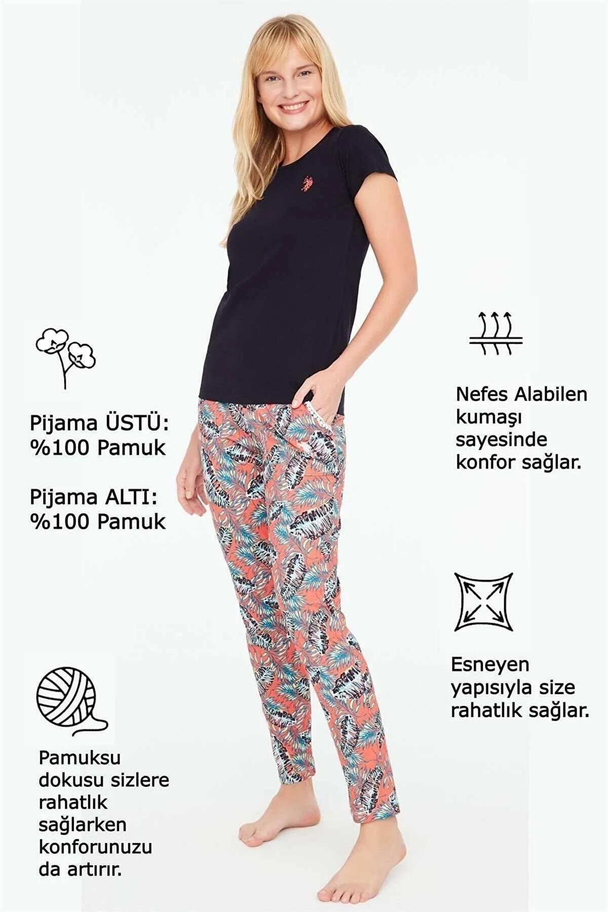 U.S. Polo Assn. پولو اسن ایالات متحده 16913 ست لباس خواب یقه گرد آبی سرمه ای زنانه سرمه