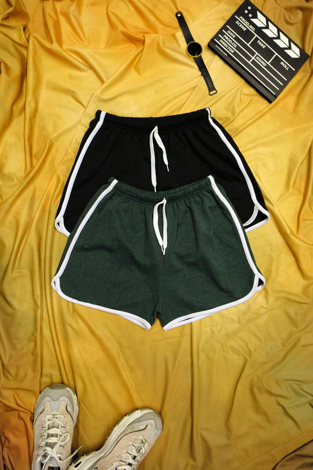 Black Green Color White Combed Cotton Slit Drawstring Mini Shorts