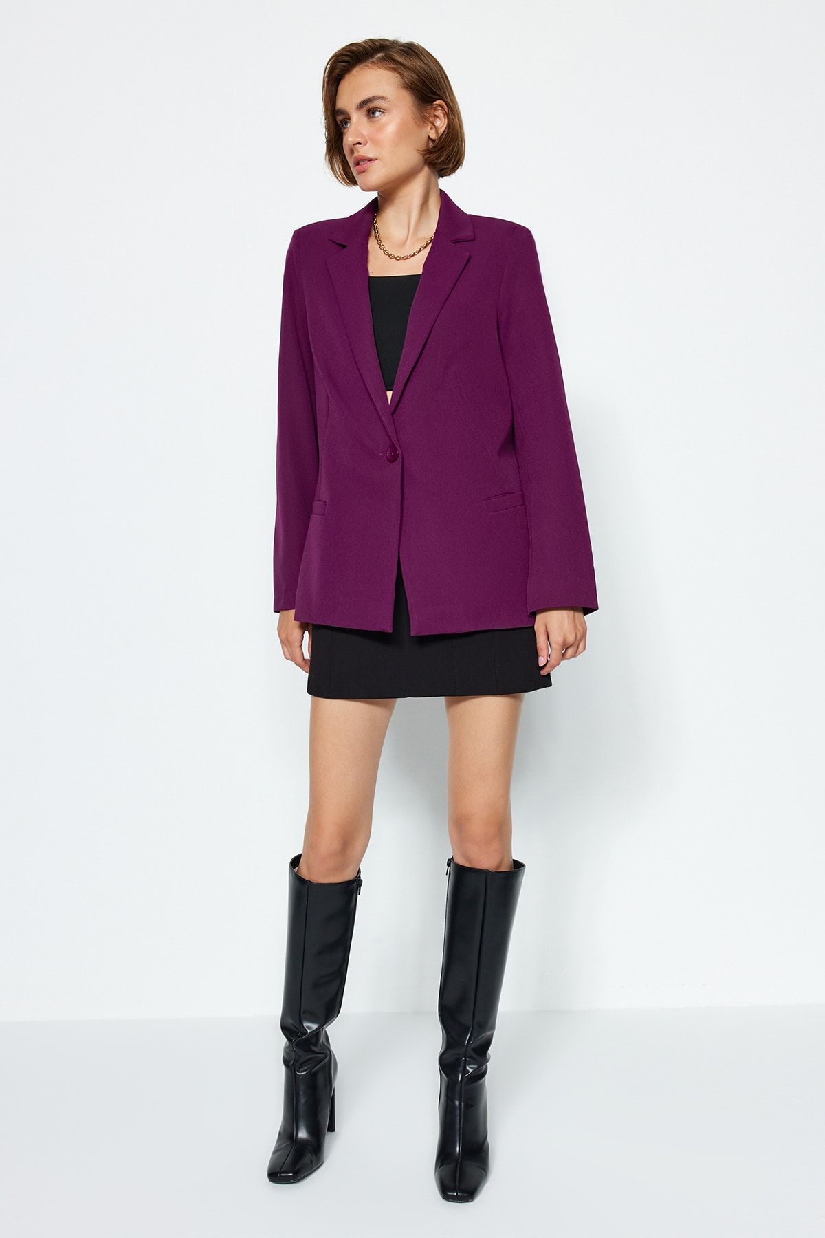 Trendyol Collection Dark Purple Regular Lining Detailed Woven Blazer Jacket TWOAW20CE0316