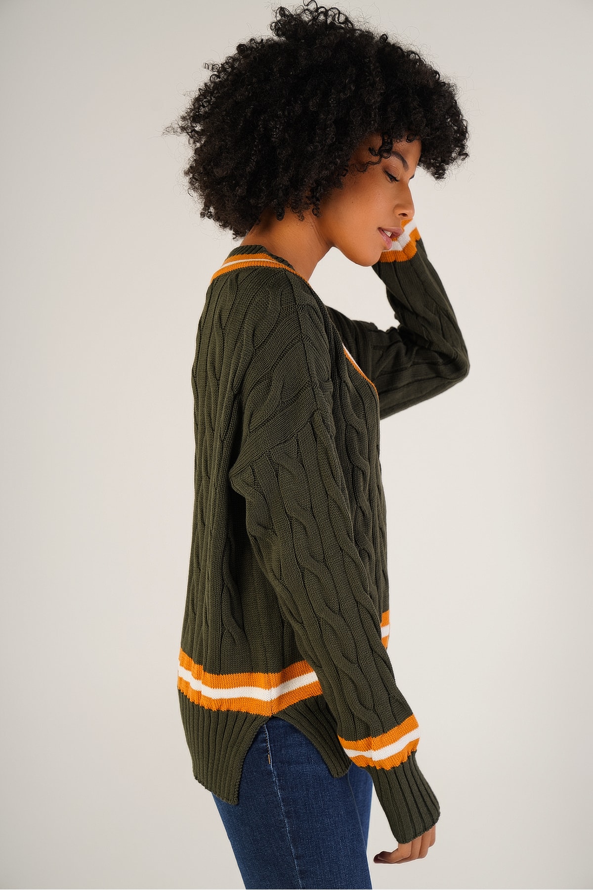 Trist Star  Haki Kadın V Yaka Çizgili Yırtmaçlı Oversize %100 Pamuk Kazak - Görsel 4