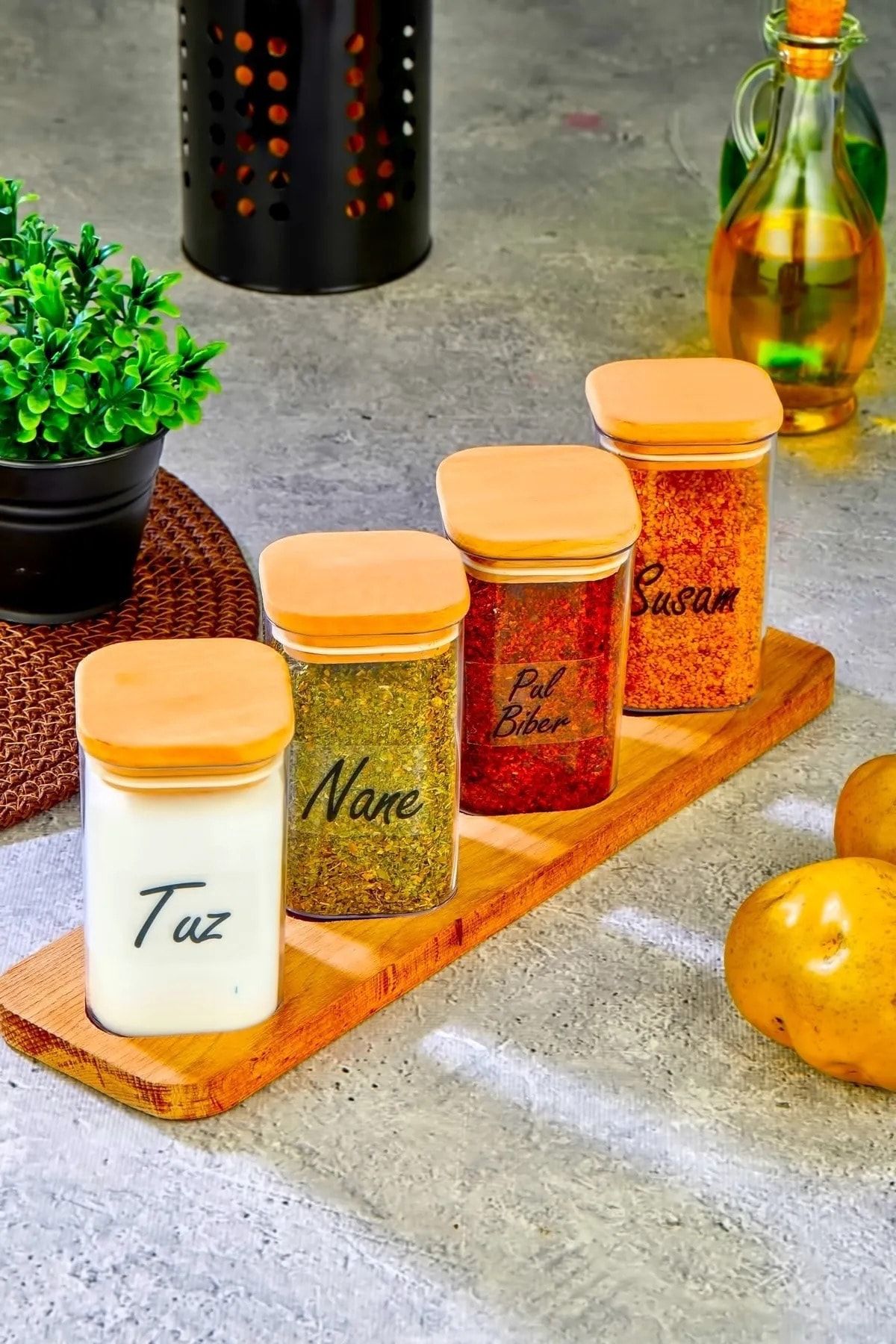 FBZhome-Set de 4 suporturi din lemn - Suport pentru condimente acrilic 250 ml de depozitare în vid 1