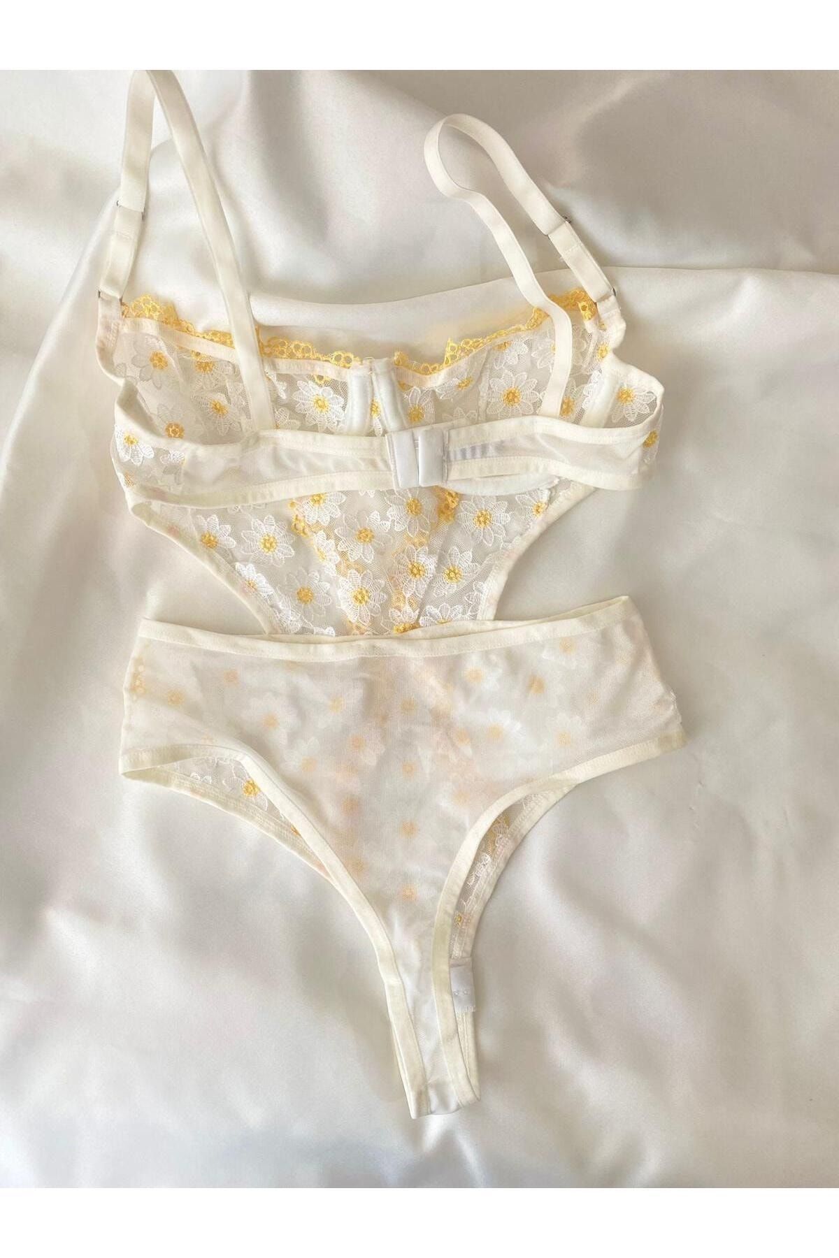 Espelette Lingerie-Yellow Daisy Patterned Transparent Bodysuit 3