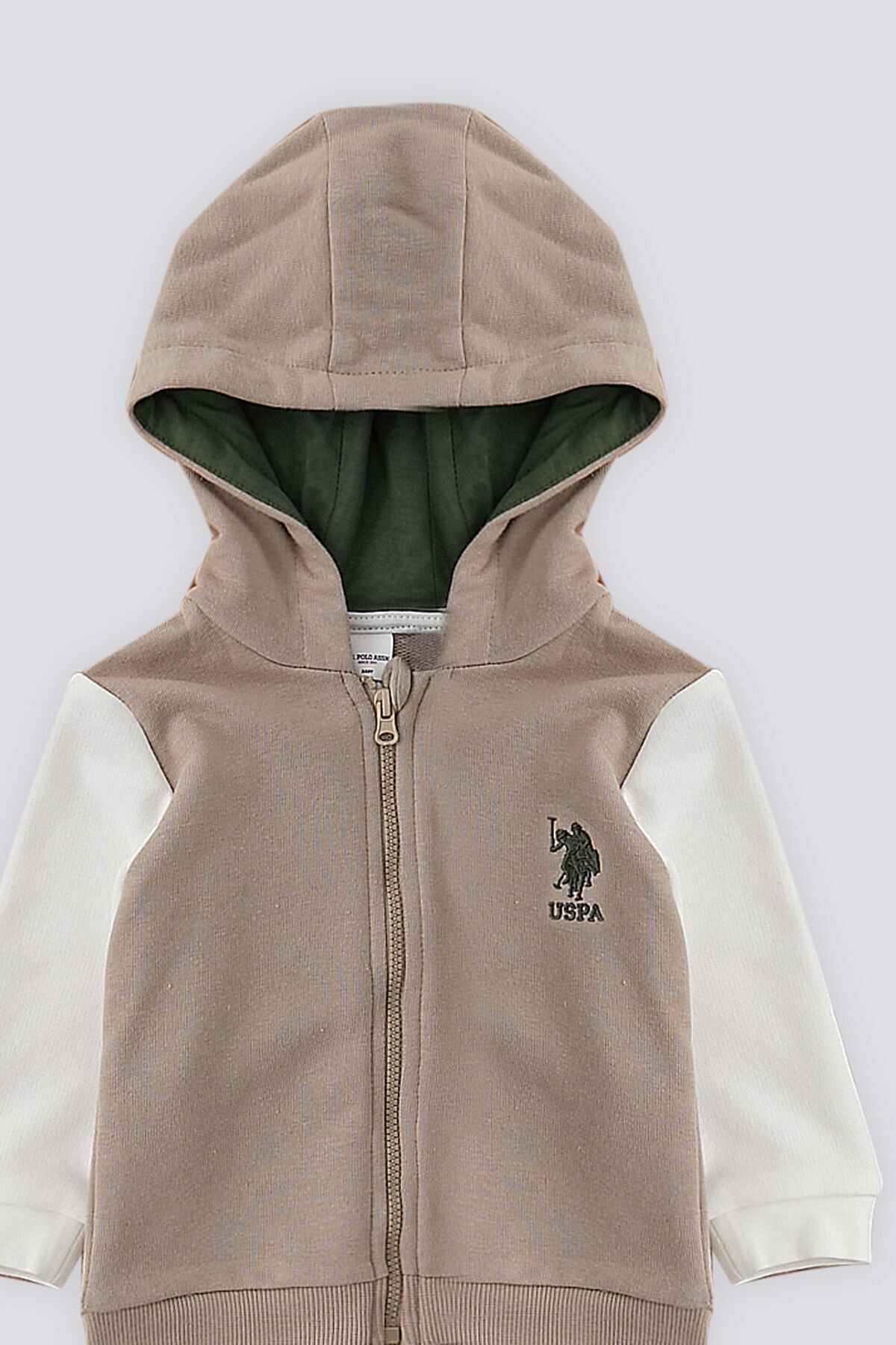 U.S. Polo Assn. پایه. ست 3 تکه نوزادی با جزئیات آستین تزئین شده زیپ بژ Polo Assn