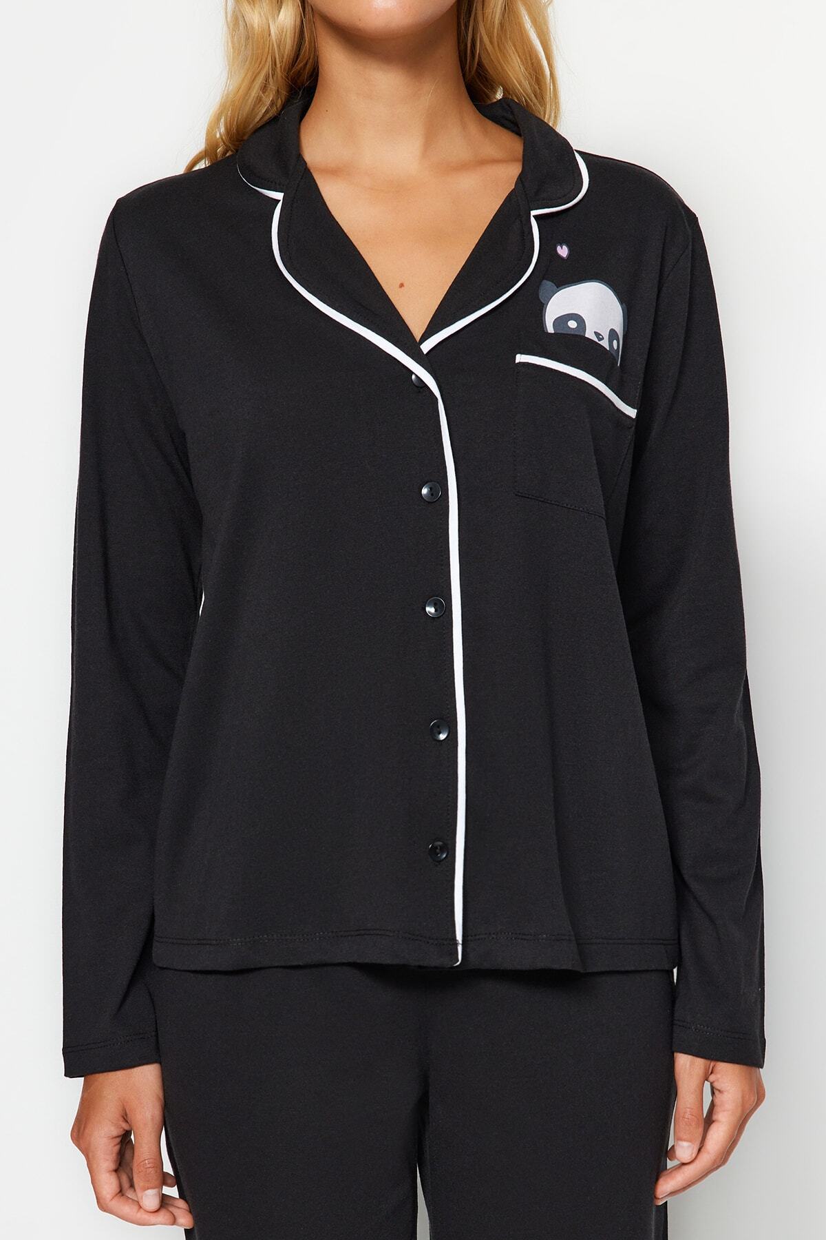 Trendyolmilla  Siyah Pamuklu Panda Baskılı Gömlek-Pantolon Örme Pijama Takımı THMAW21PT0245 - Görsel 5