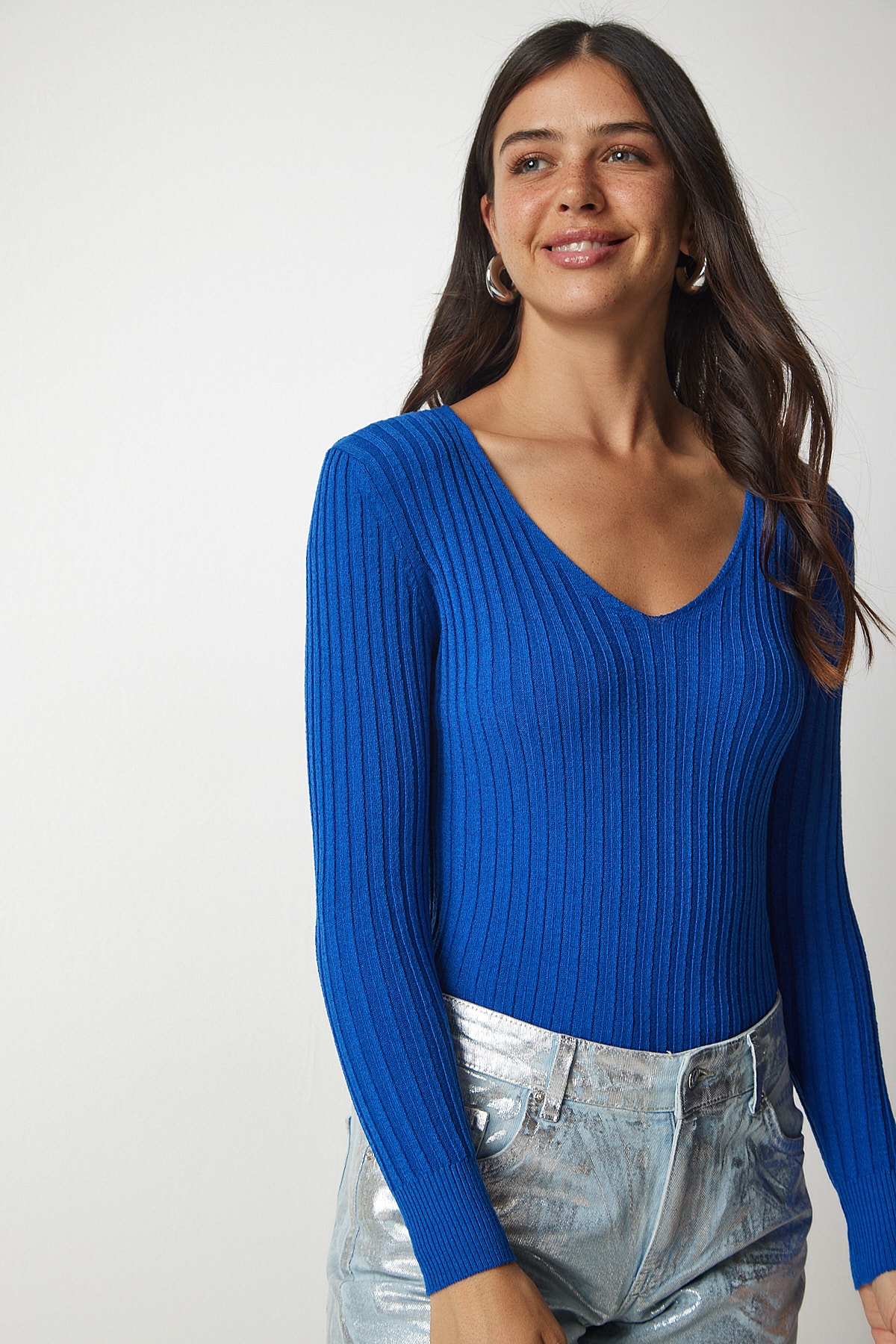 Women's Blue V-Neck Ribbed Basic Blouse BV00096