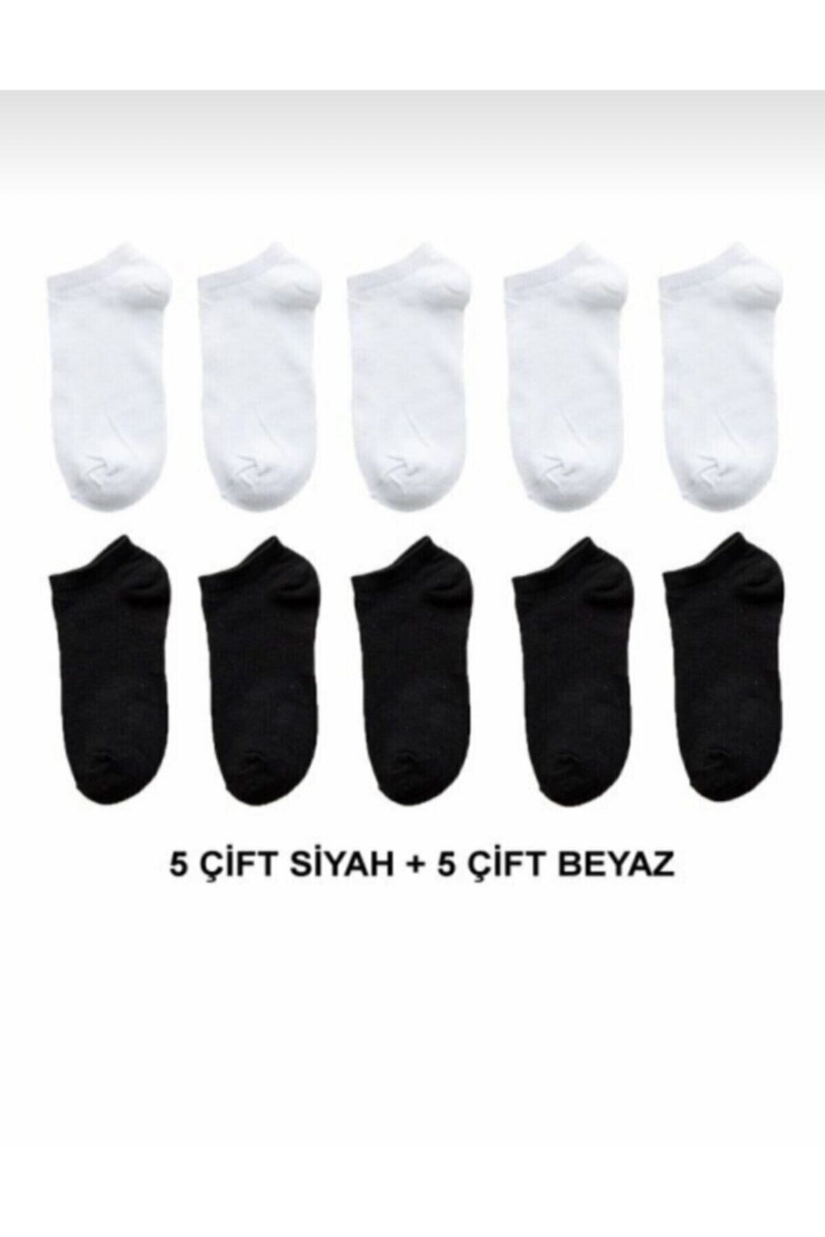 Unisex 10 Çift Koton Ekonomik Siyah + Beyaz Renk Patik Çorap