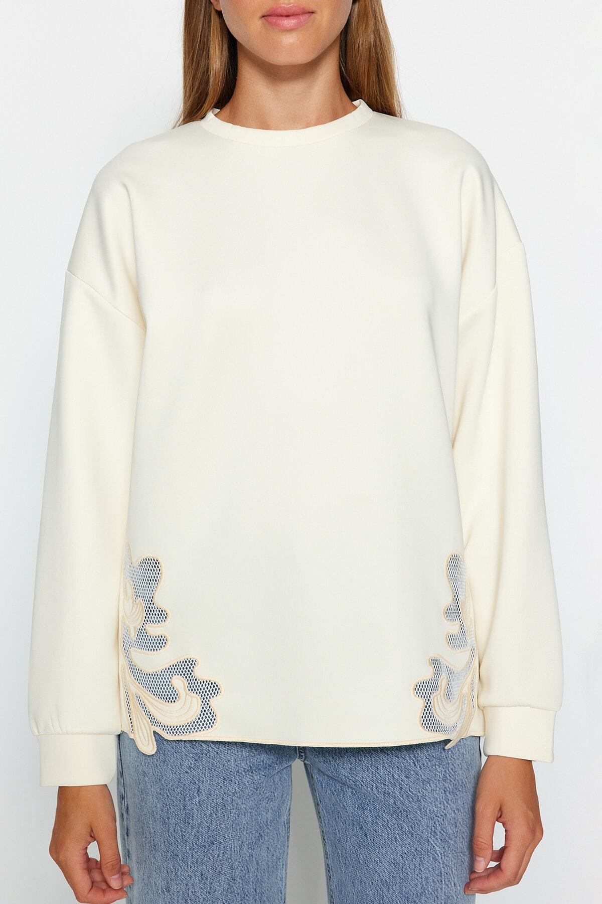 Trendyol Modest-Ecru Lace Detailed Diver/Scuba Knitted mikina TCTAW24TW00008 5