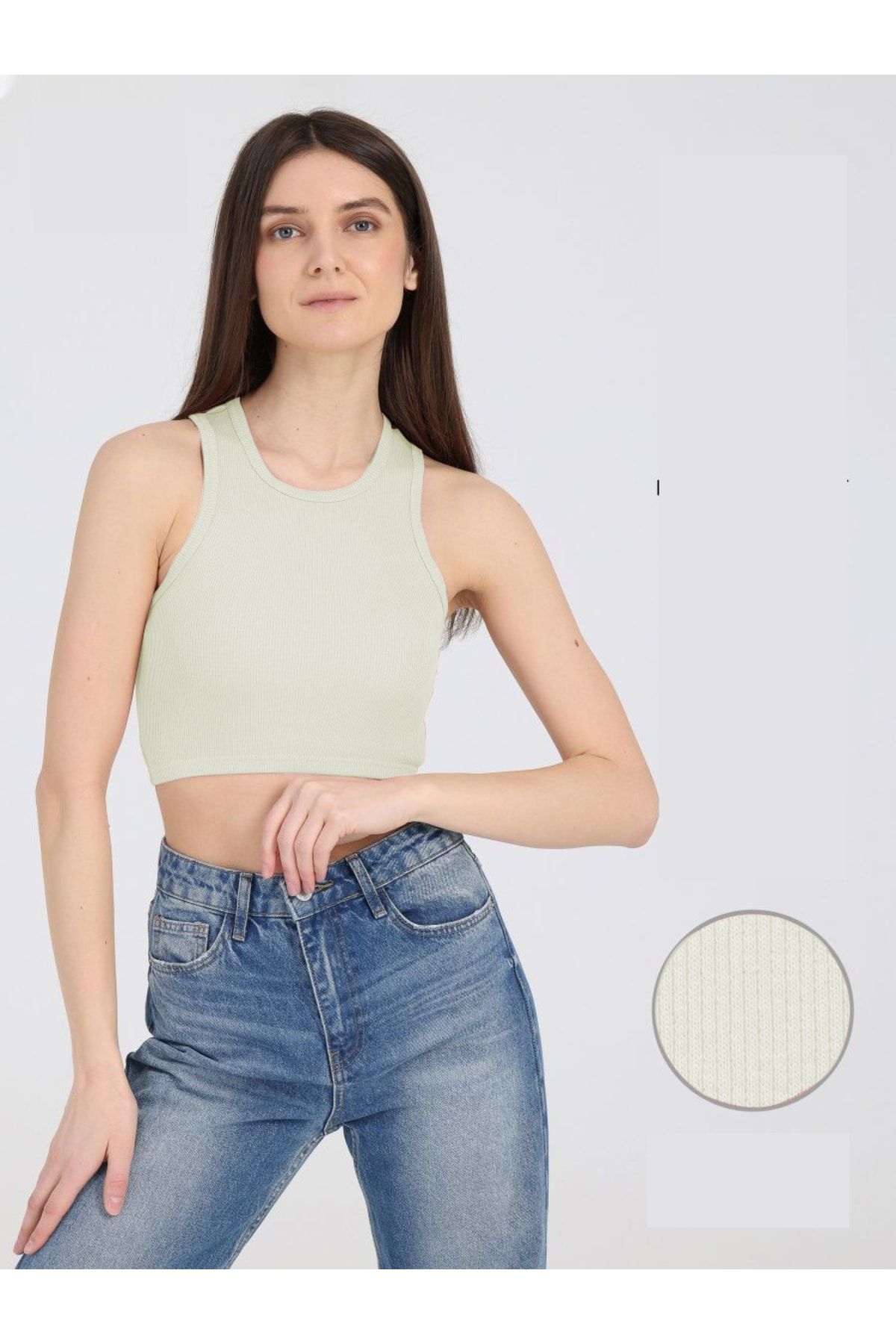 MİSTİRİK Model Murana Model Tricotat Fara Cusaturi Half Body Crop Culoare Ecru Femeie - M