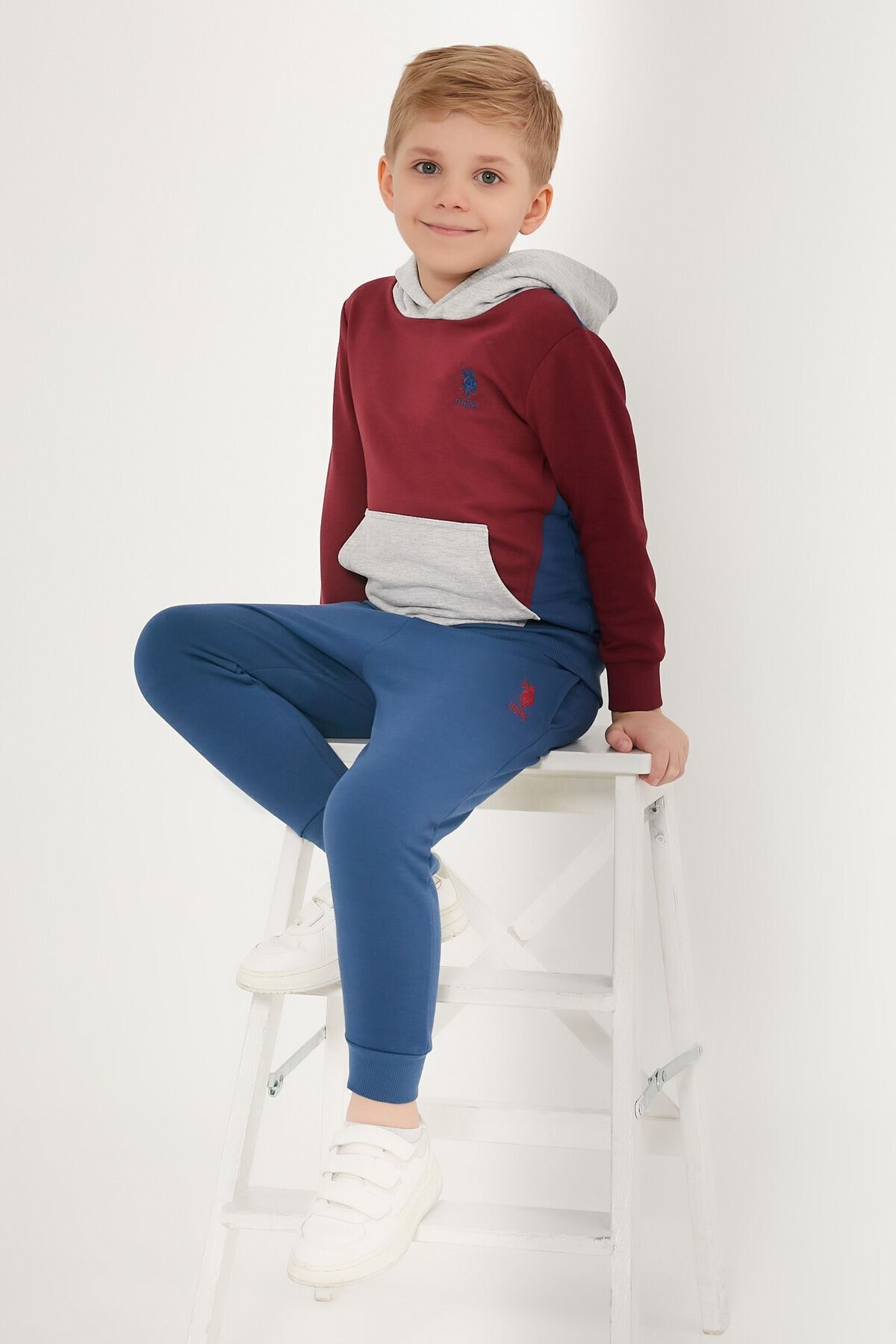 ست لباس ورزشی پسرانه با جزئیات کلاه Claret Red U.S. Polo Assn.