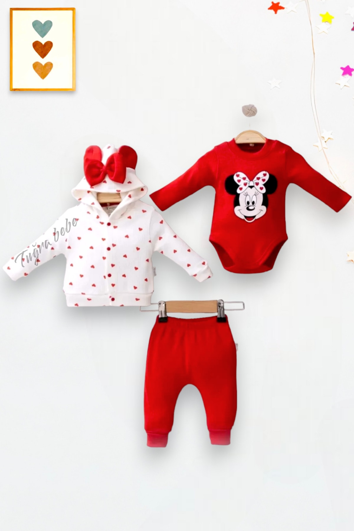 Minnie Mouse Heart-shaped Hooded Cardigan 3-Piece Baby Girl Set