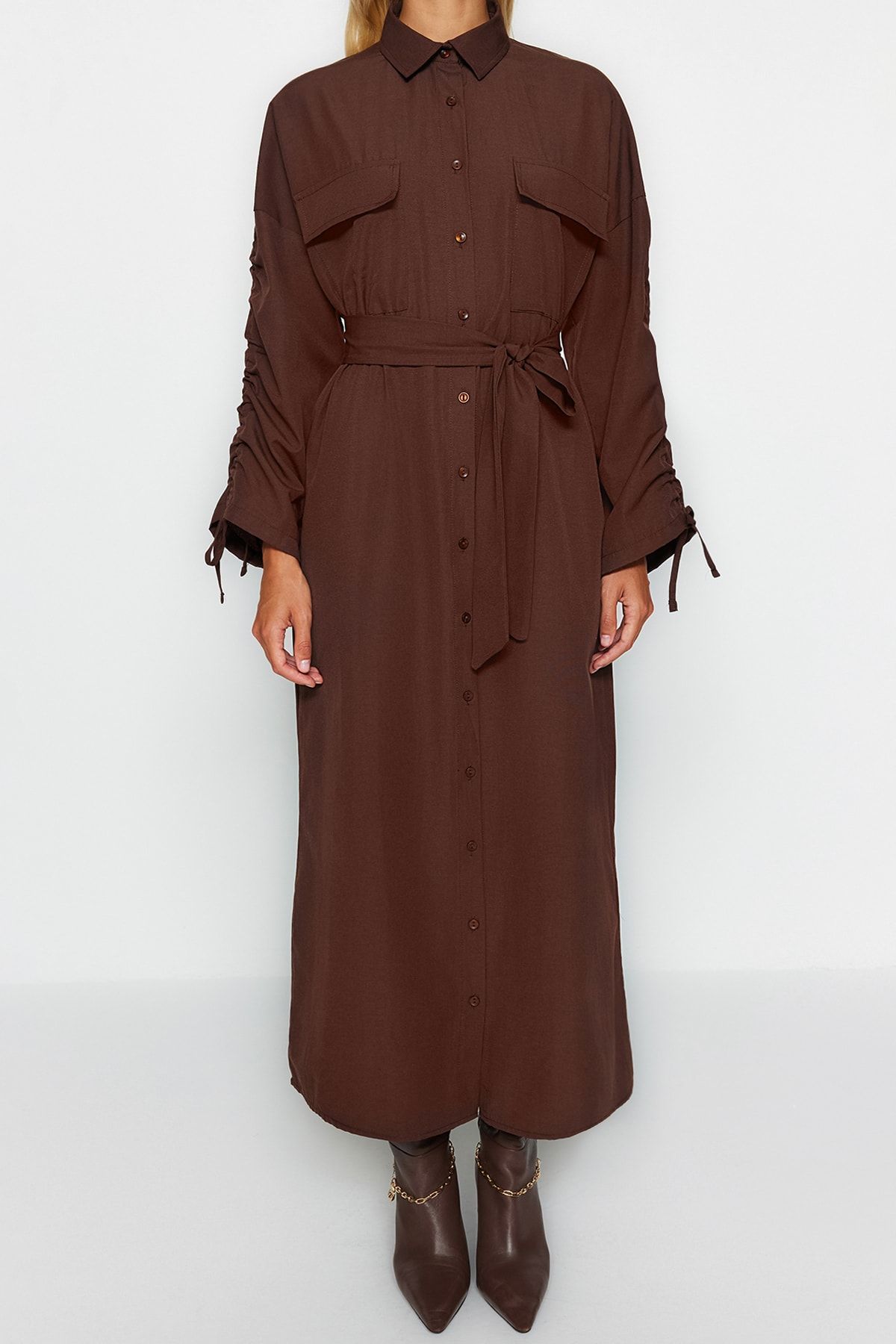 Trendyol Modest-Brown Belted Sleeves Adjustable Detail Button Cotton Woven Shirt Dress Tctss23Eb00365 7