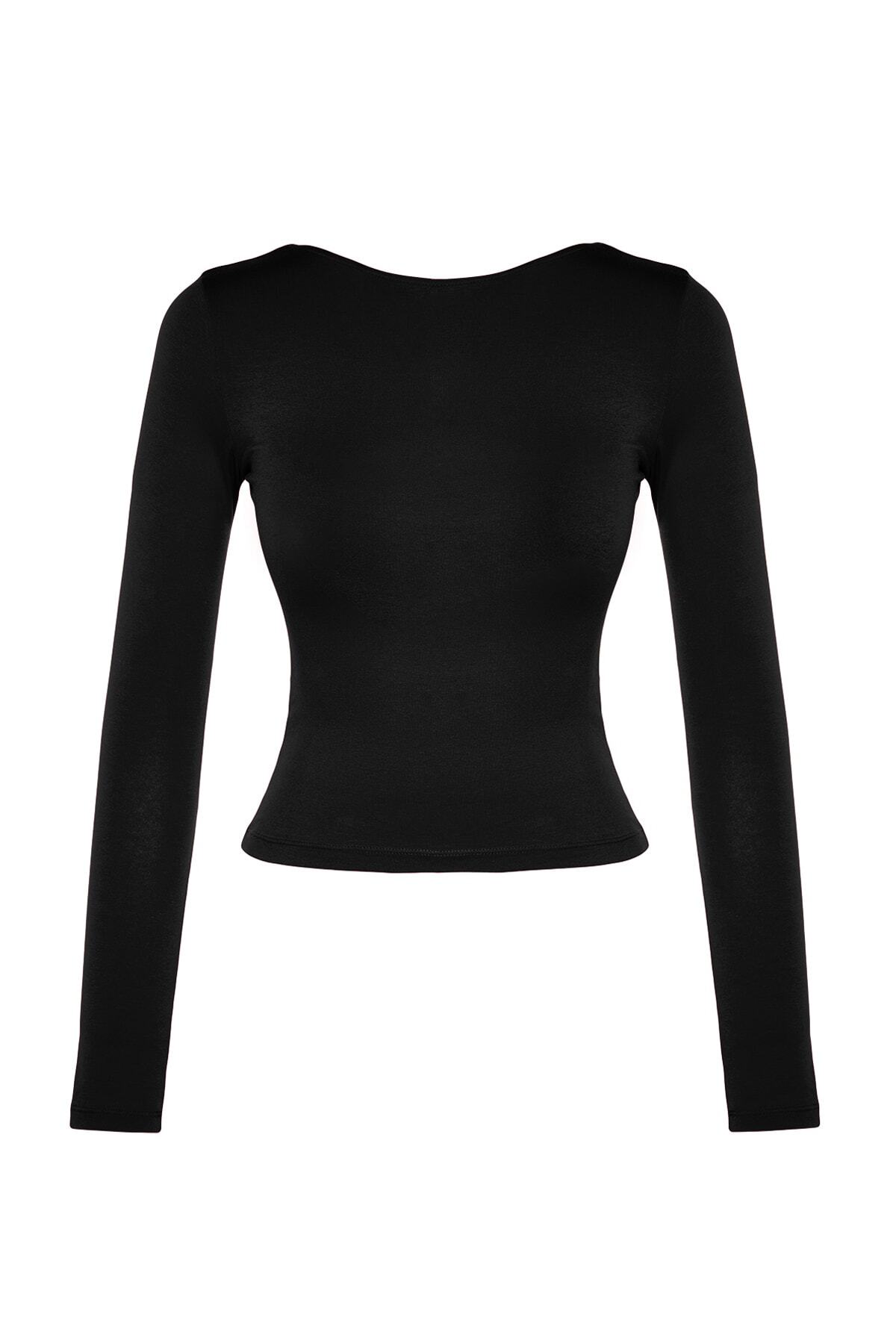 Trendyolmilla  Siyah Pamuklu Esnek Sırt Dekolteli Fitted/Vücuda Oturan Esnek Bluz TWOAW24BZ00160 - Görsel 6