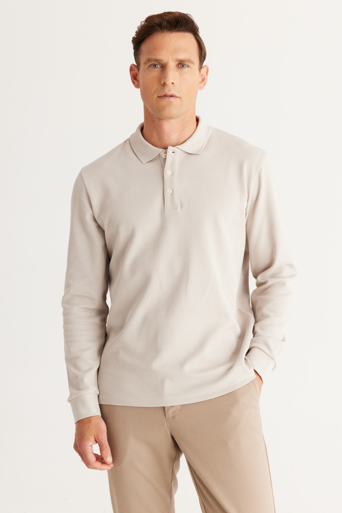 Erkek Vizon %100 Pamuk Slim Fit Dar Kesim Polo Yaka Sweatshirt