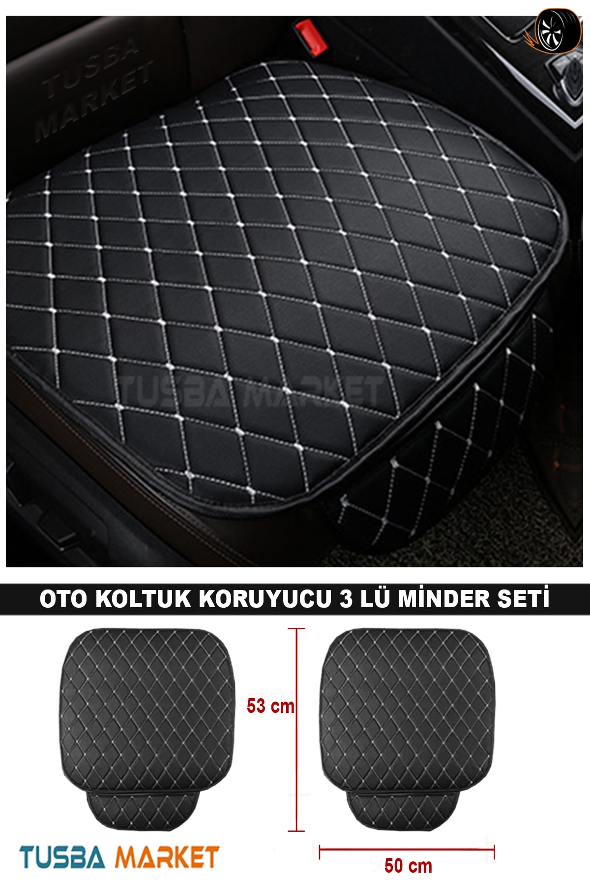 TUSBA MARKET Araba Otomobil Koltuk Koruyucu Cepli Üçlü Minder Seti / Lüks Kapitone Deri Ön-Arka Oto Koltuk Minder fotoğrafı 3 (önizleme)