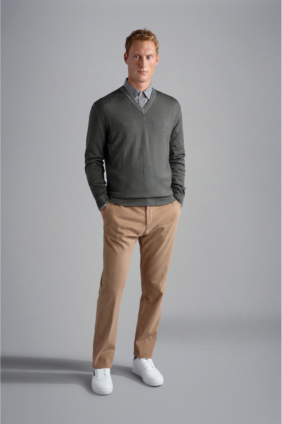 Grey sweater sales and khaki pants