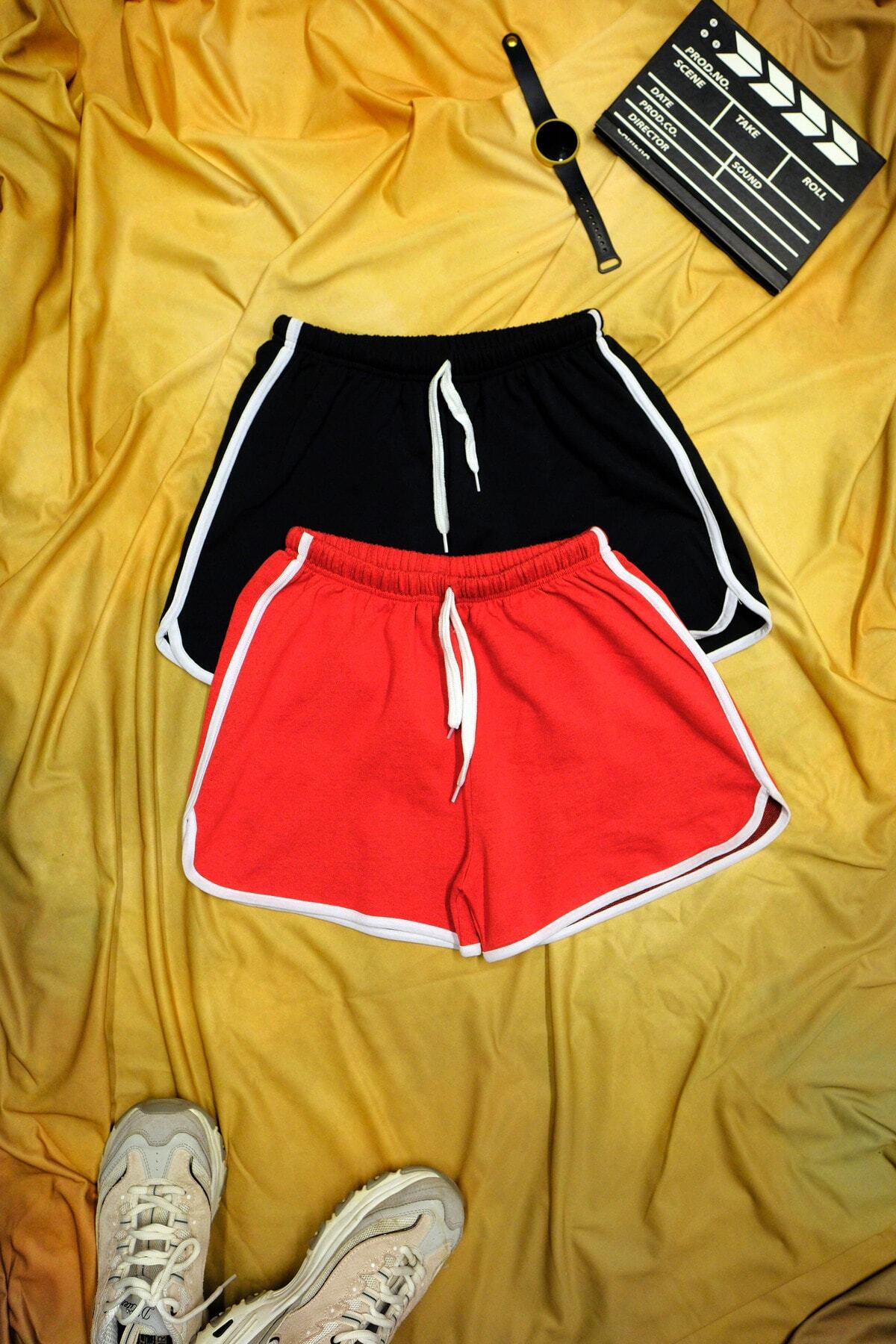 Black Red Color White Combed Cotton Slit String Mini Shorts