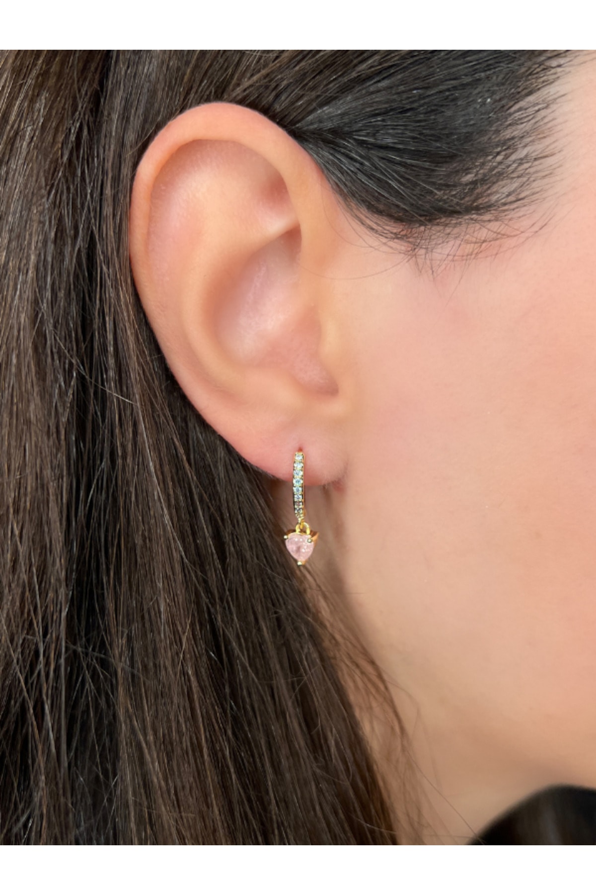 Heart Model Earrings with Gold Pink Zircon Gemstone