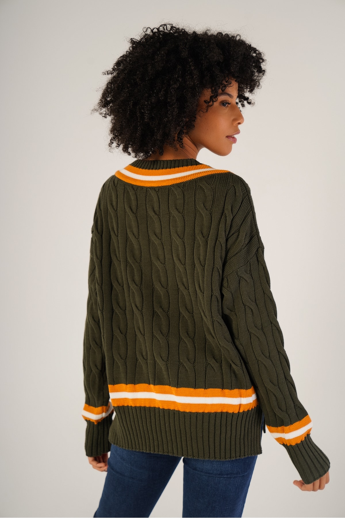 Trist Star  Haki Kadın V Yaka Çizgili Yırtmaçlı Oversize %100 Pamuk Kazak - Görsel 3