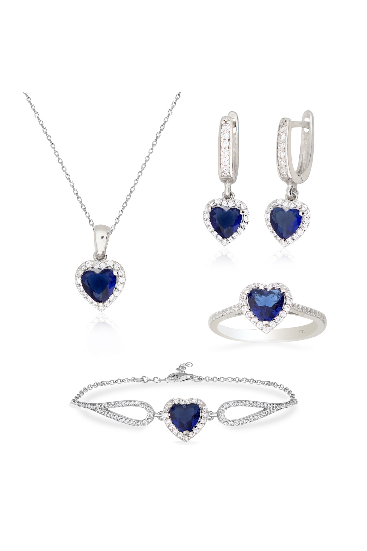 Silveranka 925 Ayar Gümüş Safir Kalp Takı Seti