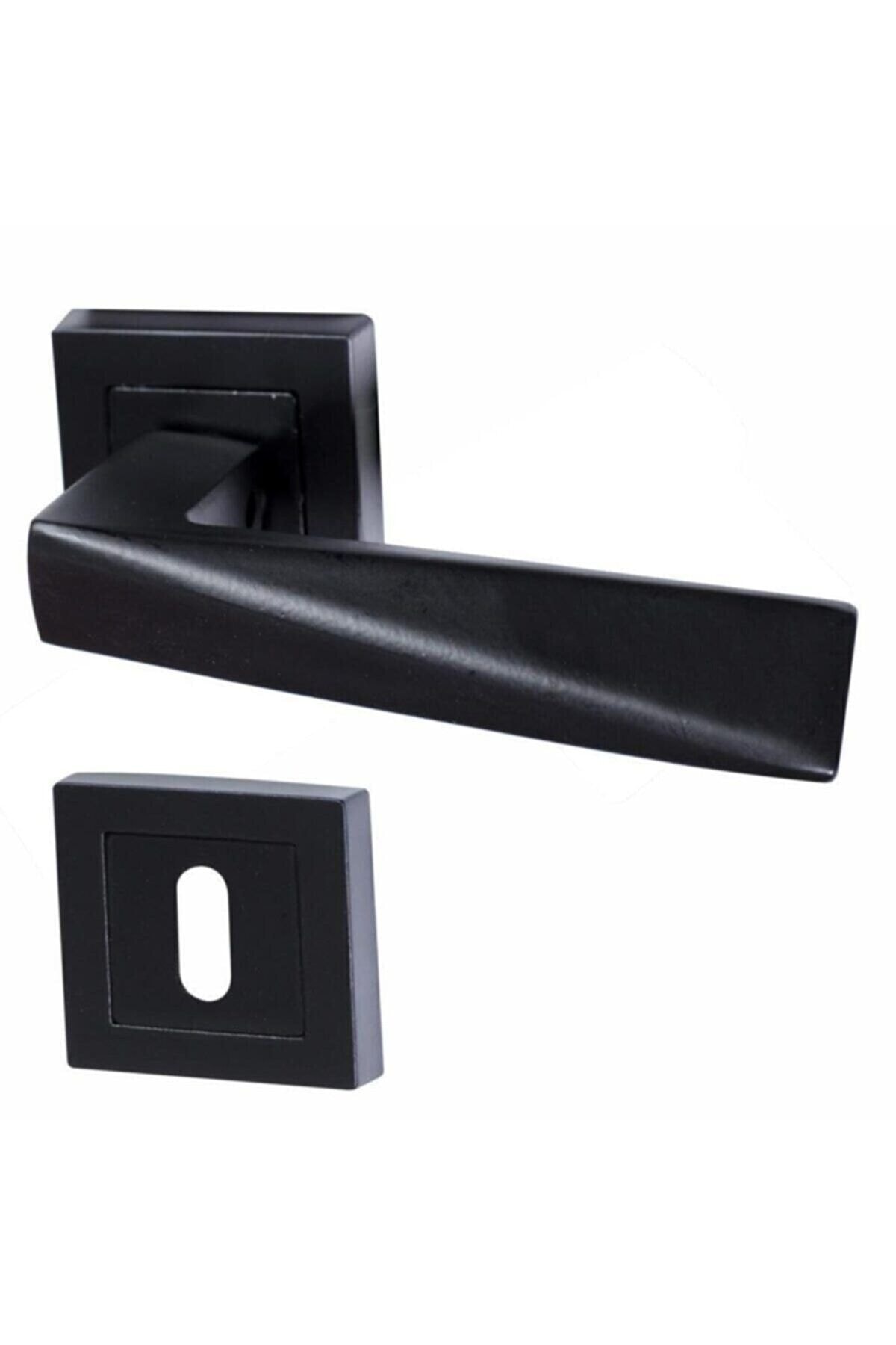 Merkezoğlu Mat Siyah Prizma Kare Rozetli Oda Kapı Kolu Seti – 1 Takım (2 Adet Arkalı/Önlü) – Modern Tasarım
