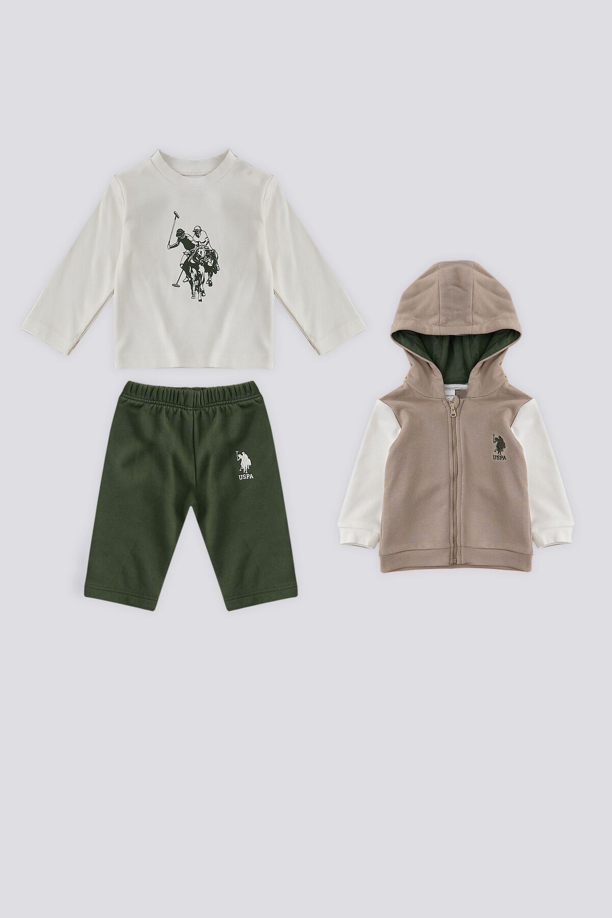U.S. Polo Assn. پایه. ست 3 تکه نوزادی با جزئیات آستین تزئین شده زیپ بژ Polo Assn