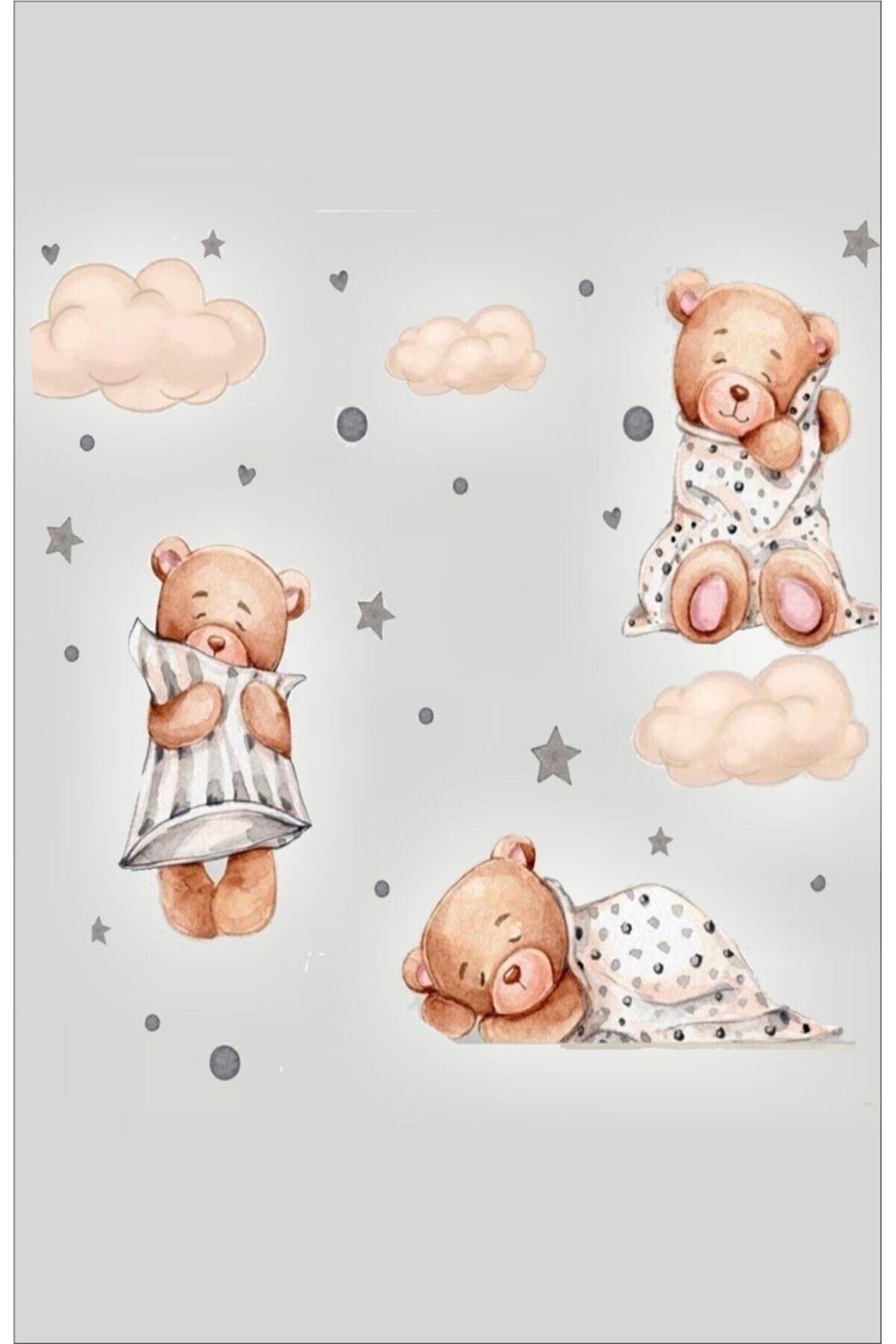 3pcs Sleeping Teddy Bear Clouds And Stars Kids Baby Room Stickers Set