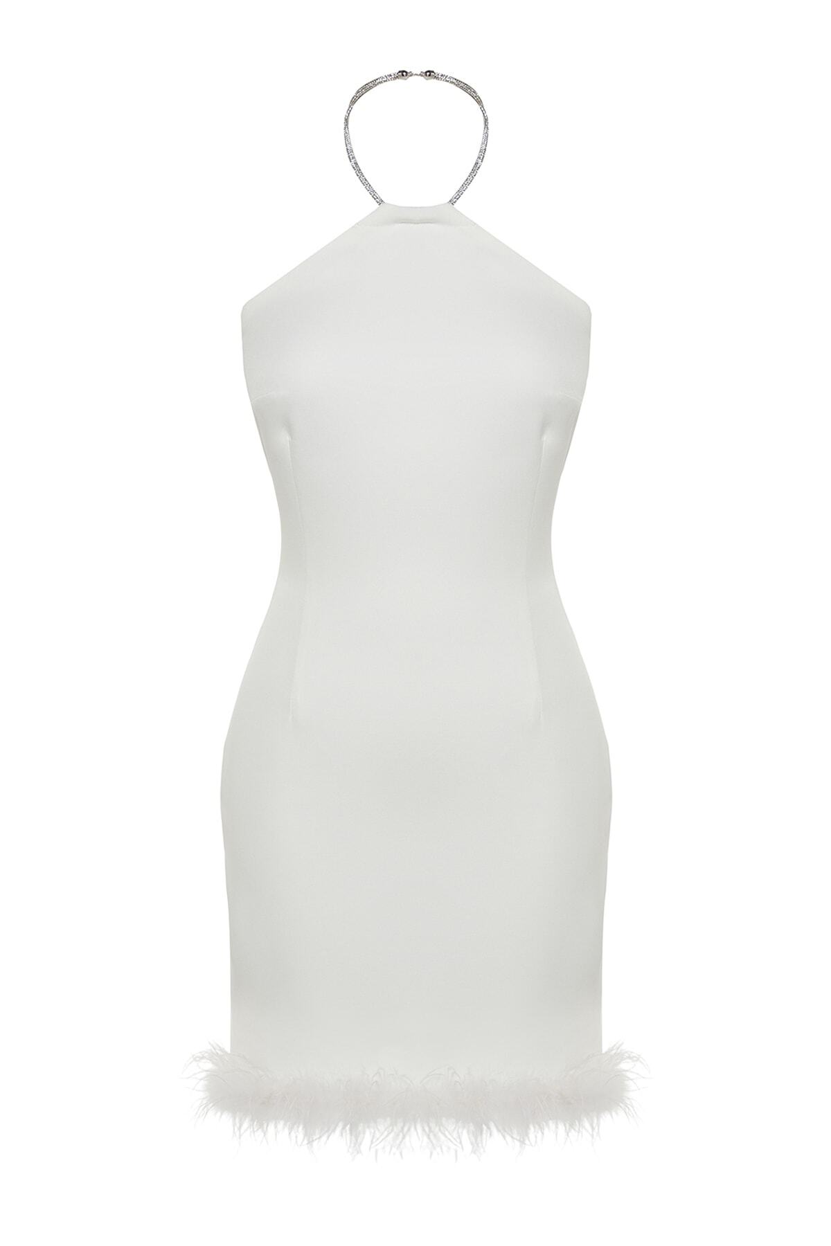 Trendyol Collection-Rochie de seară scurtă, albă, mulata, cu strasuri strălucitoare, rochie de absolvire de noapte TPRSS23EL00255 6