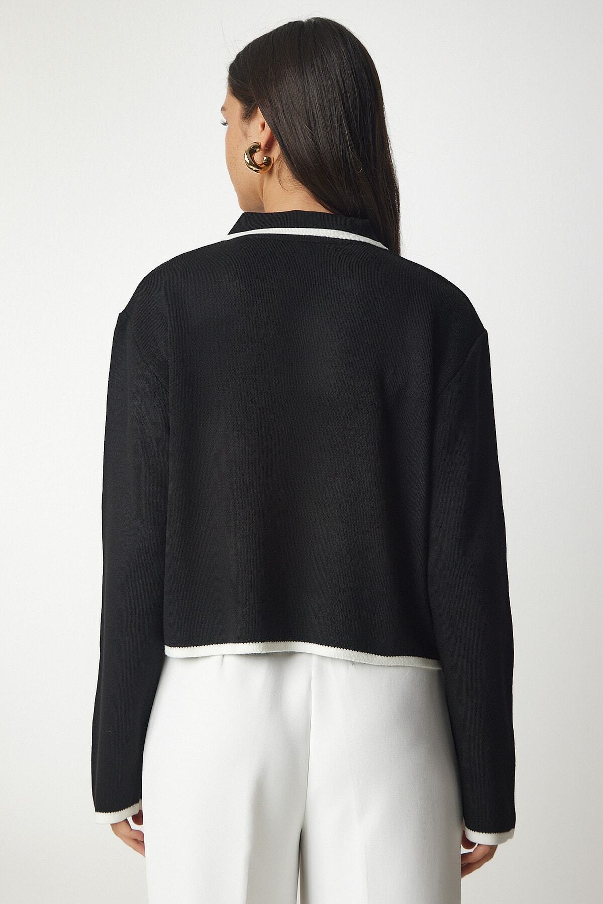 Happiness İstanbul Schwarze Strickjacke mit Streifendetail für Damen YY00160