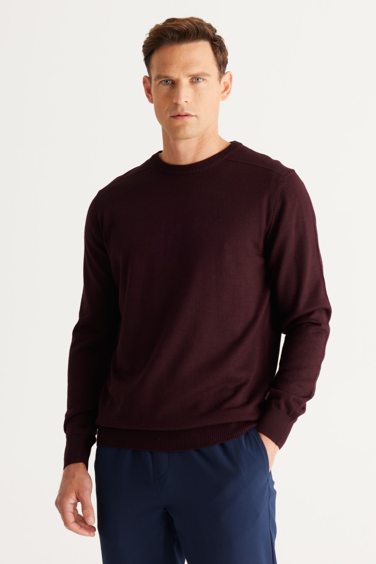 Erkek Bordo Yünlü Standart Fit Normal Kesim Bisiklet Yaka Triko Kazak