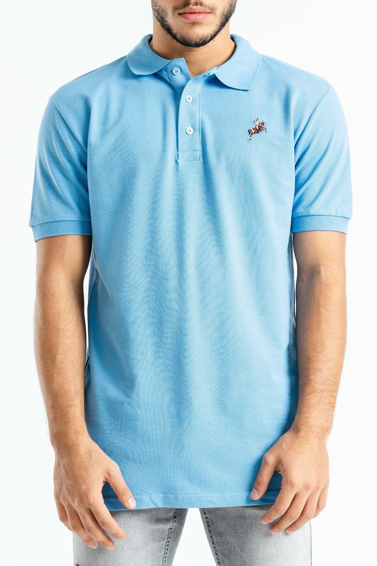 White polo shirt shop with light blue horse