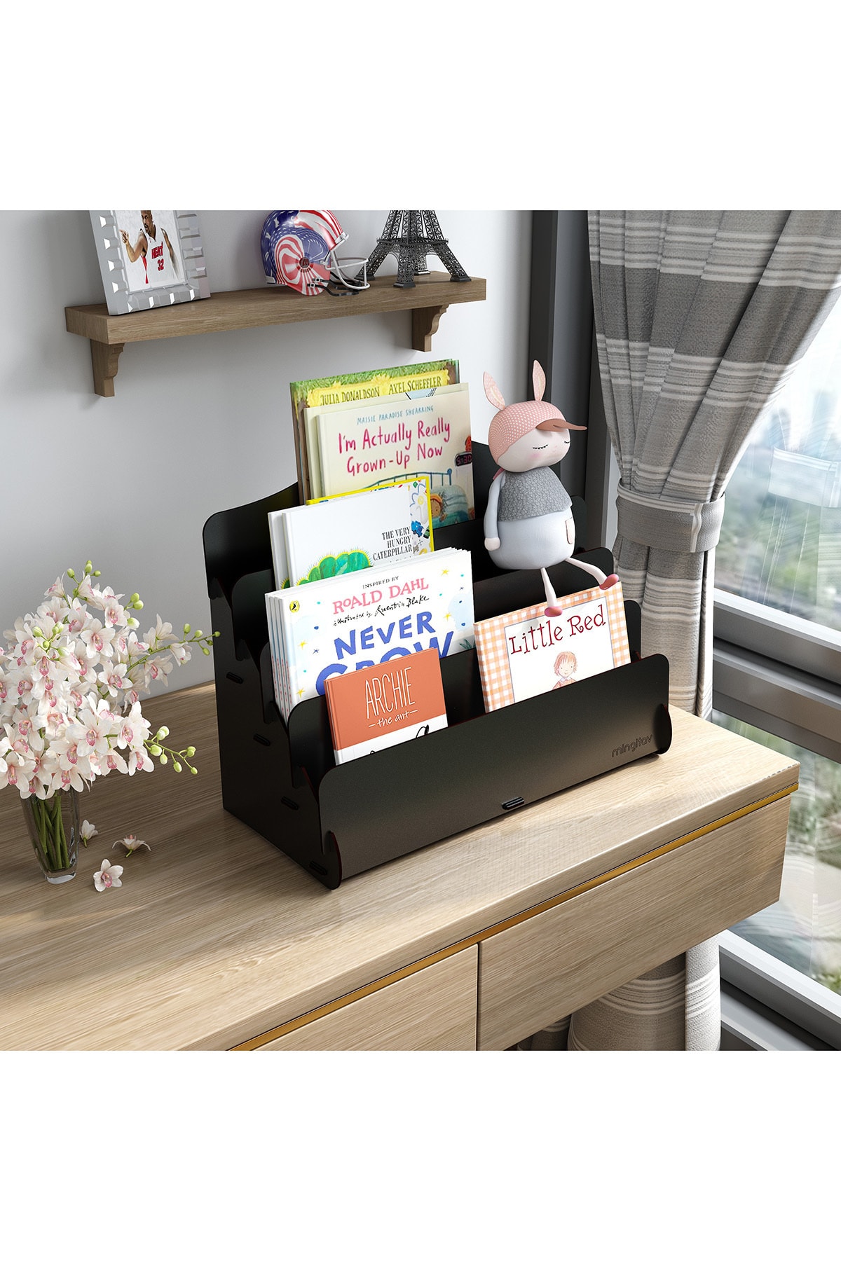 Mingitav Mini Lucky Montessori Çocuk Kitaplığı 4 Raflı Ahşap Çocuk Odası Kitaplık Masaüstü Mini Kitaplık