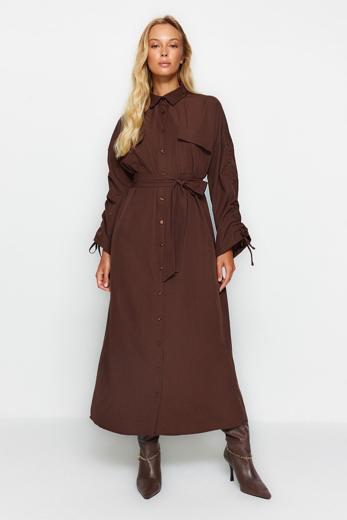 Trendyol Modest-Brown Belted Sleeves Adjustable Detail Button Cotton Woven Shirt Dress Tctss23Eb00365 4