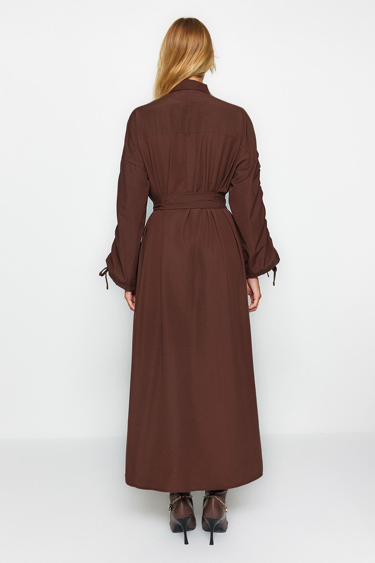Trendyol Modest-Brown Belted Sleeves Adjustable Detail Button Cotton Woven Shirt Dress Tctss23Eb00365 9
