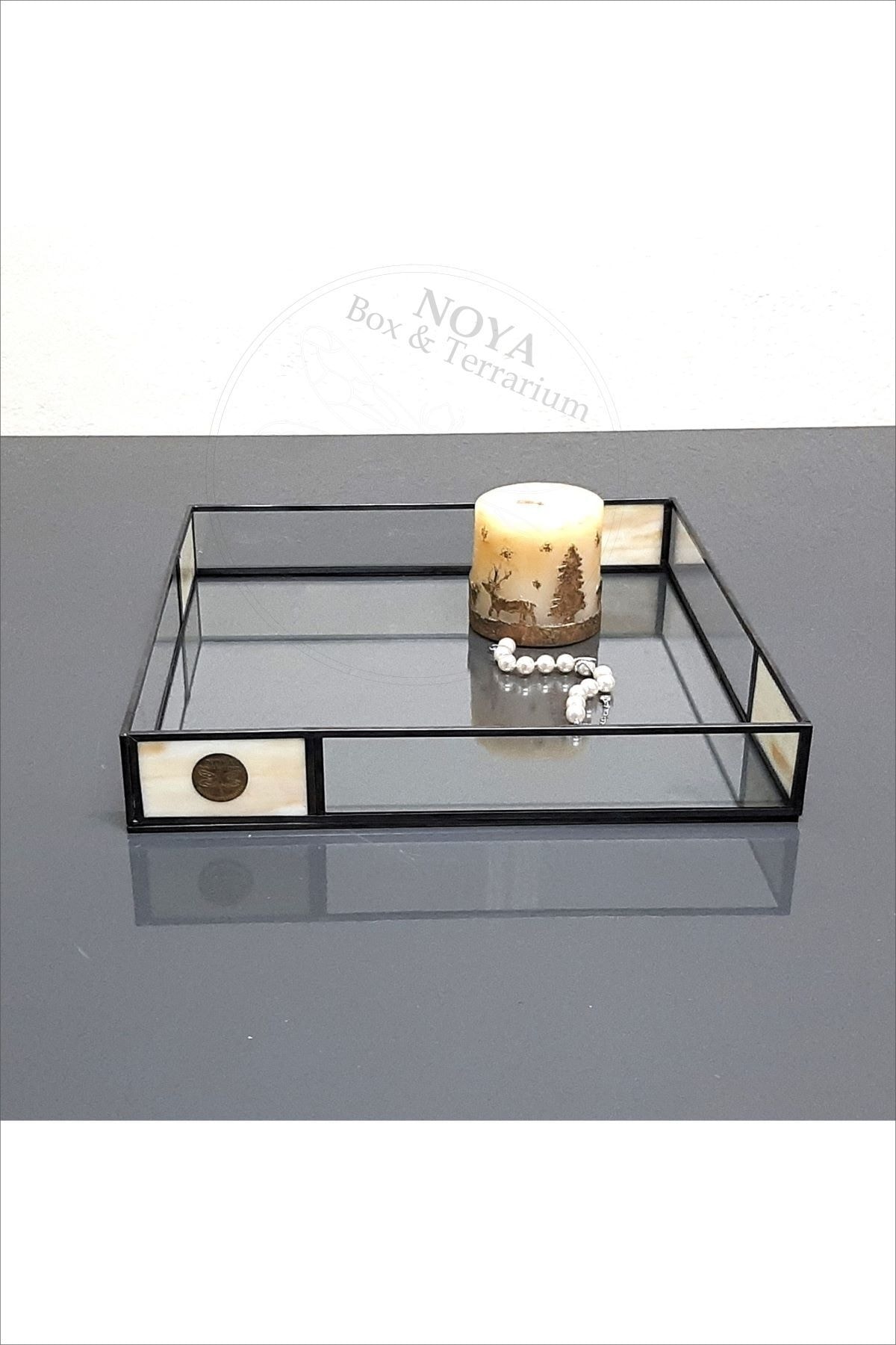 N&Y makeup organizer Beyaz Opal Detaylı Antik Bronz Tepsi / Organizer