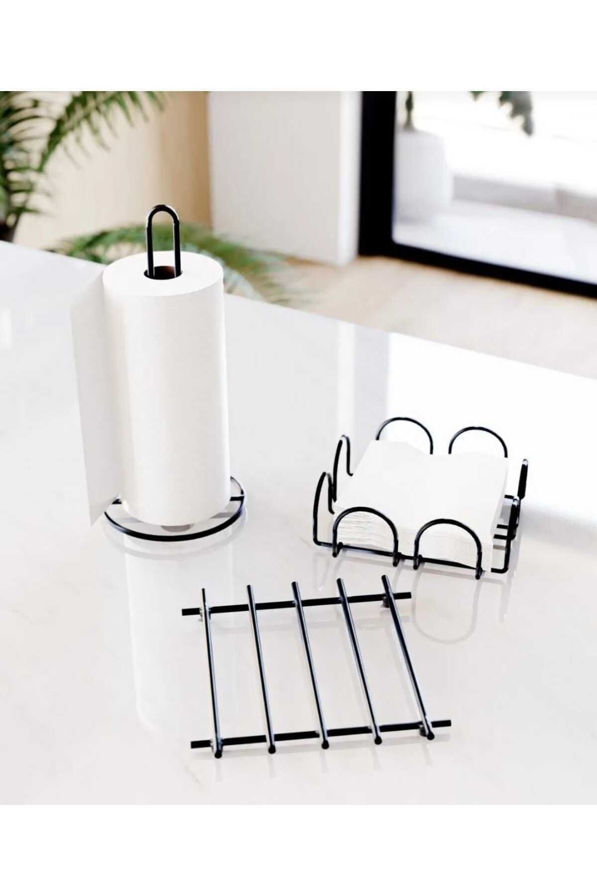 ALBAK Life 3 Piece Black Trivet Napkin Holder Towel Holder Set