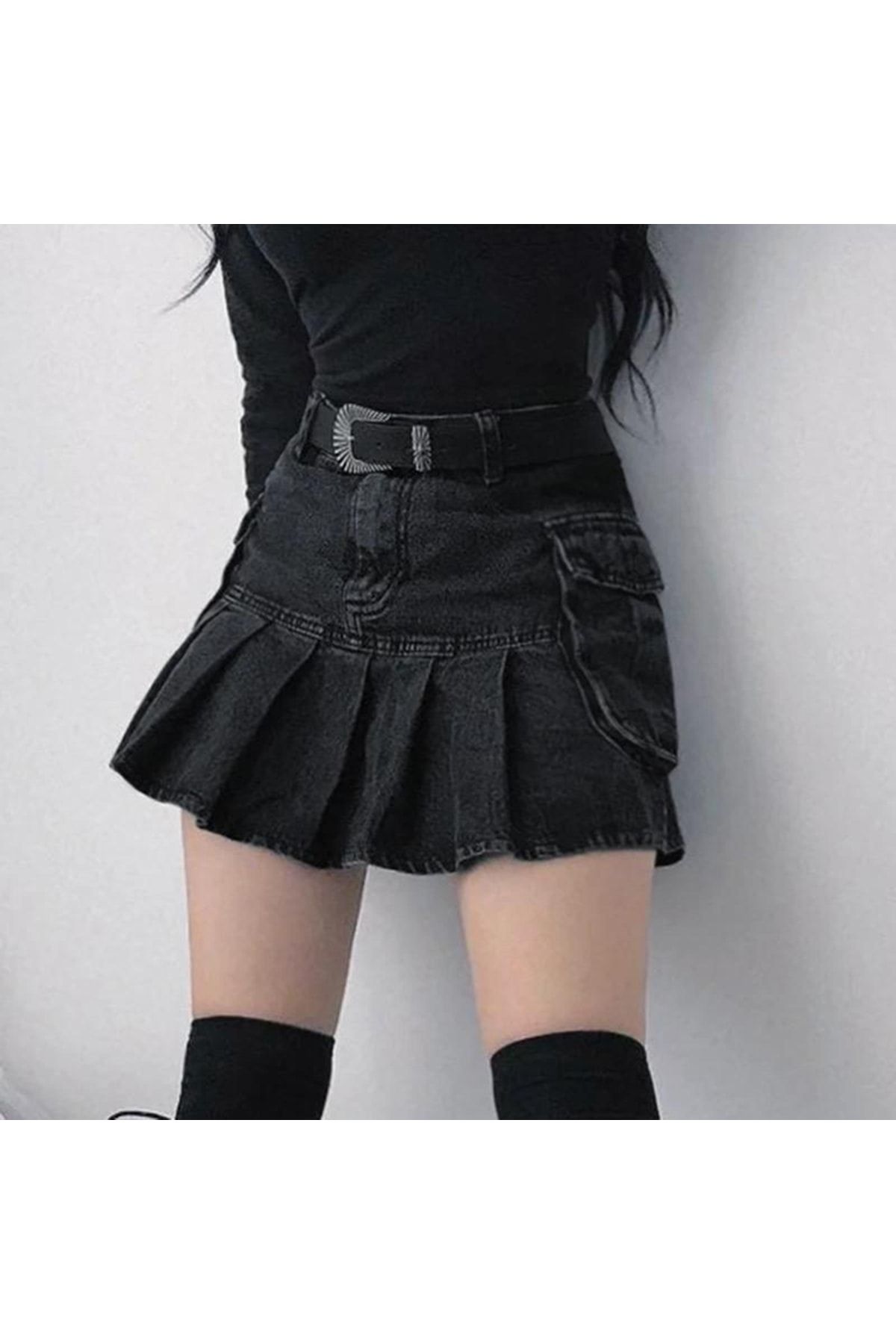 Denim pleated black online skirt