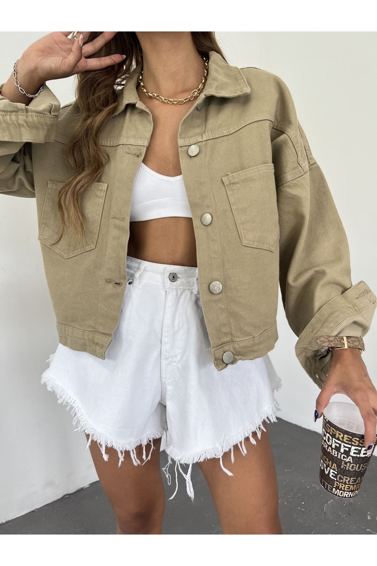 Khaki cropped denim jacket store