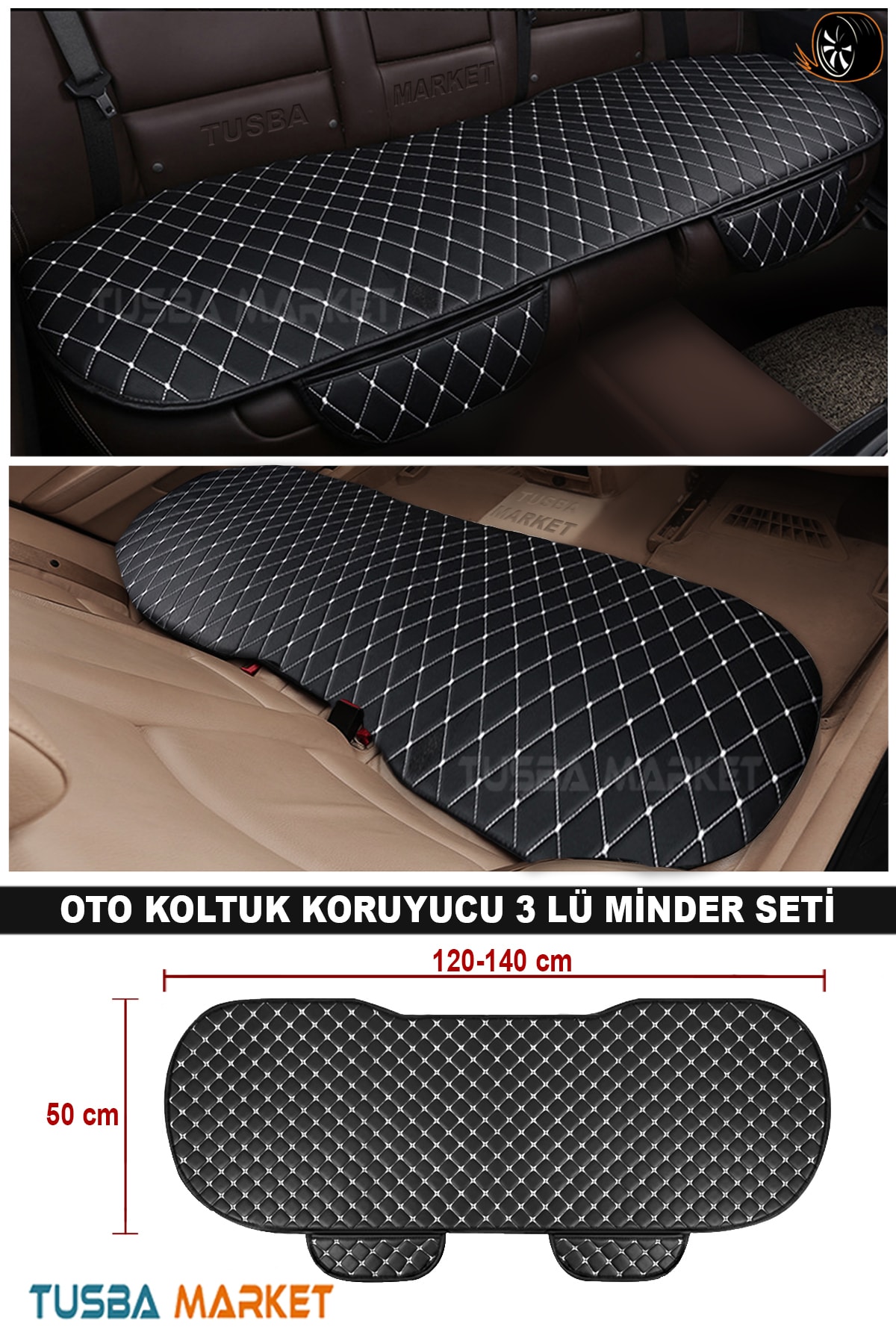 TUSBA MARKET Araba Otomobil Koltuk Koruyucu Cepli Üçlü Minder Seti / Lüks Kapitone Deri Ön-Arka Oto Koltuk Minder fotoğrafı 4 (önizleme)