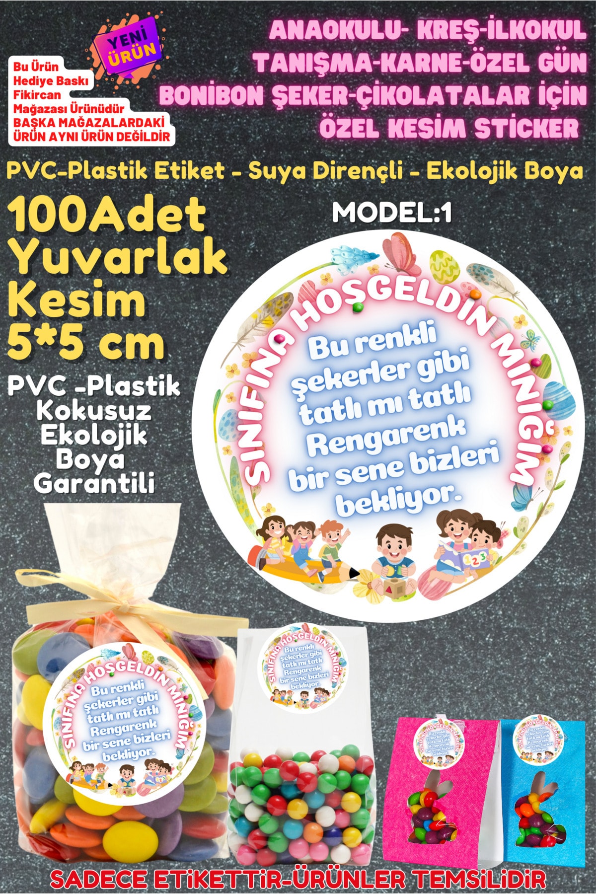 ANAOKULU- KREŞ-İLKOKUL TANIŞMA-KARNE-ÖZEL GÜN BONİBON ŞEKER-ÇİKOLATALAR İÇİN ÖZEL KESİM STİCKER