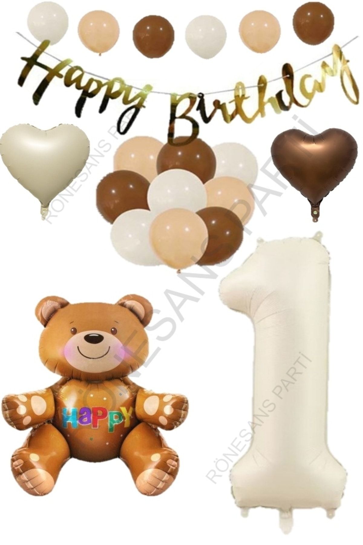 R NESANS PART Happy Birthday Banner Sitting Bear Beige Number